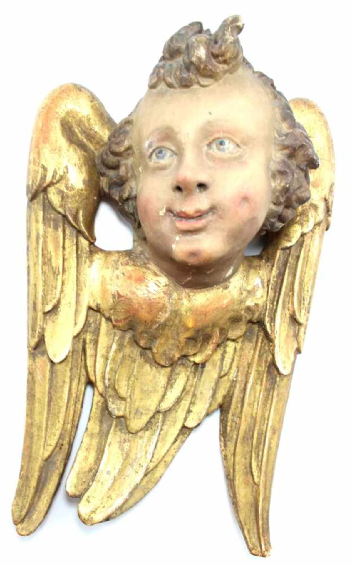 Figur - Barock 18.Jahrhundert Geflügelter Engelskopf, Holz geschnitzt, gefaßt und teilw.