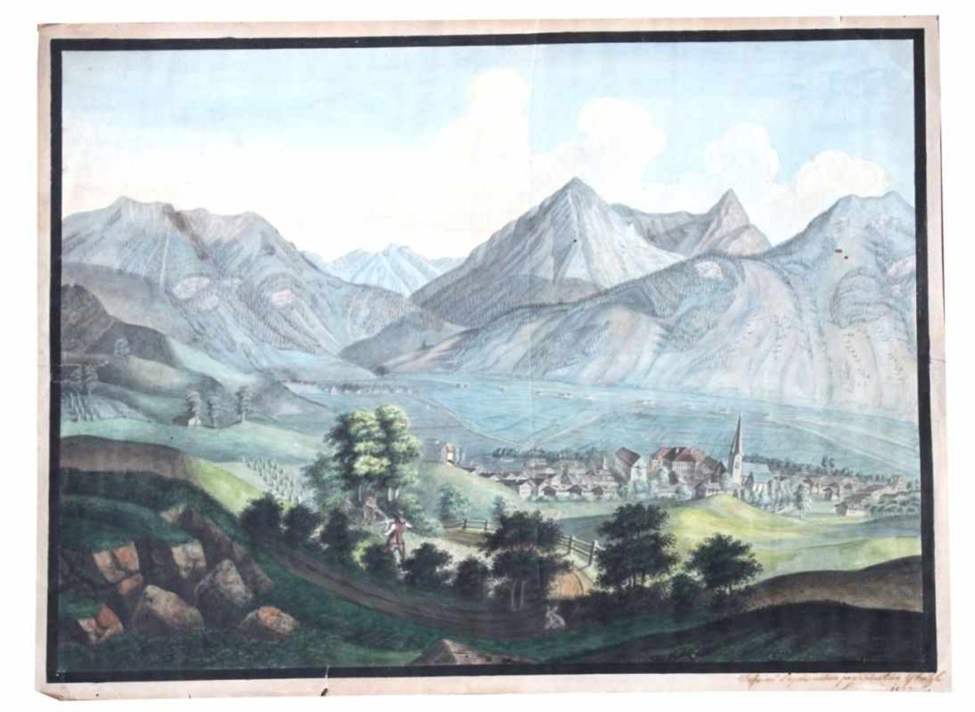 Aquarell - Biedermeier 1822 "Süddeutsche Vorgebirgslandschaft mit Ortschaft und Personenstaffage",