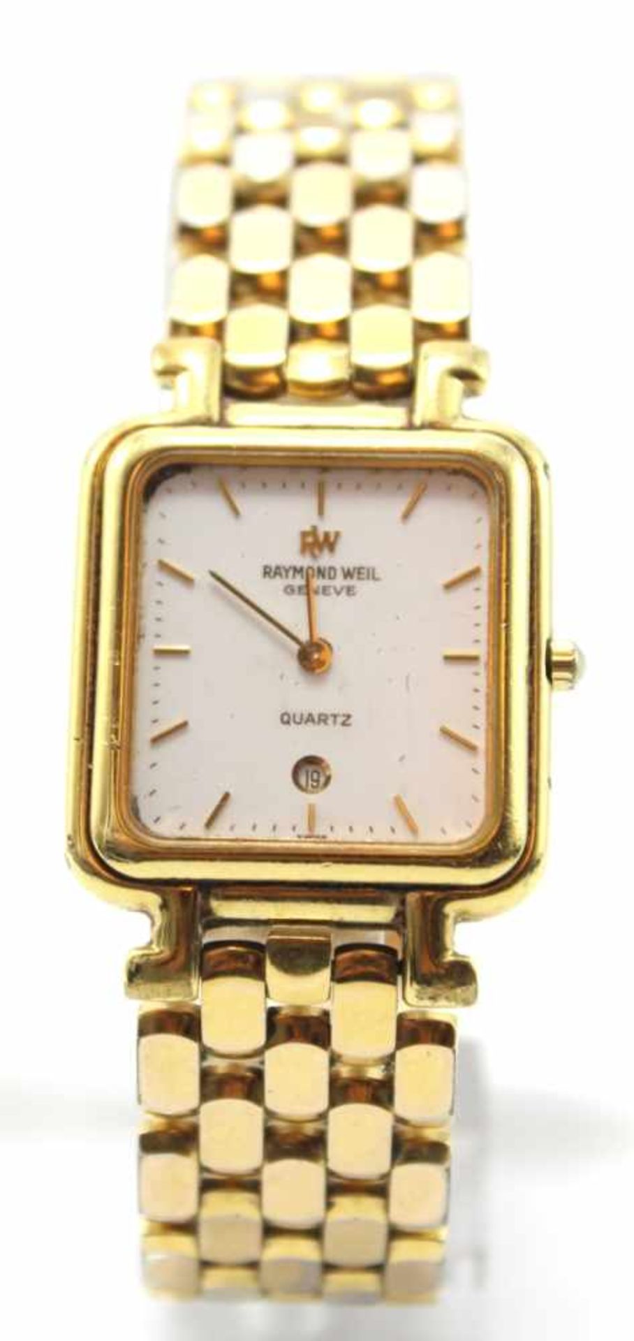 Armbanduhr - Marke Raymond Weil Quarz, weißes Zifferblatt, Datumsanzeige, 18 K Gold plated,