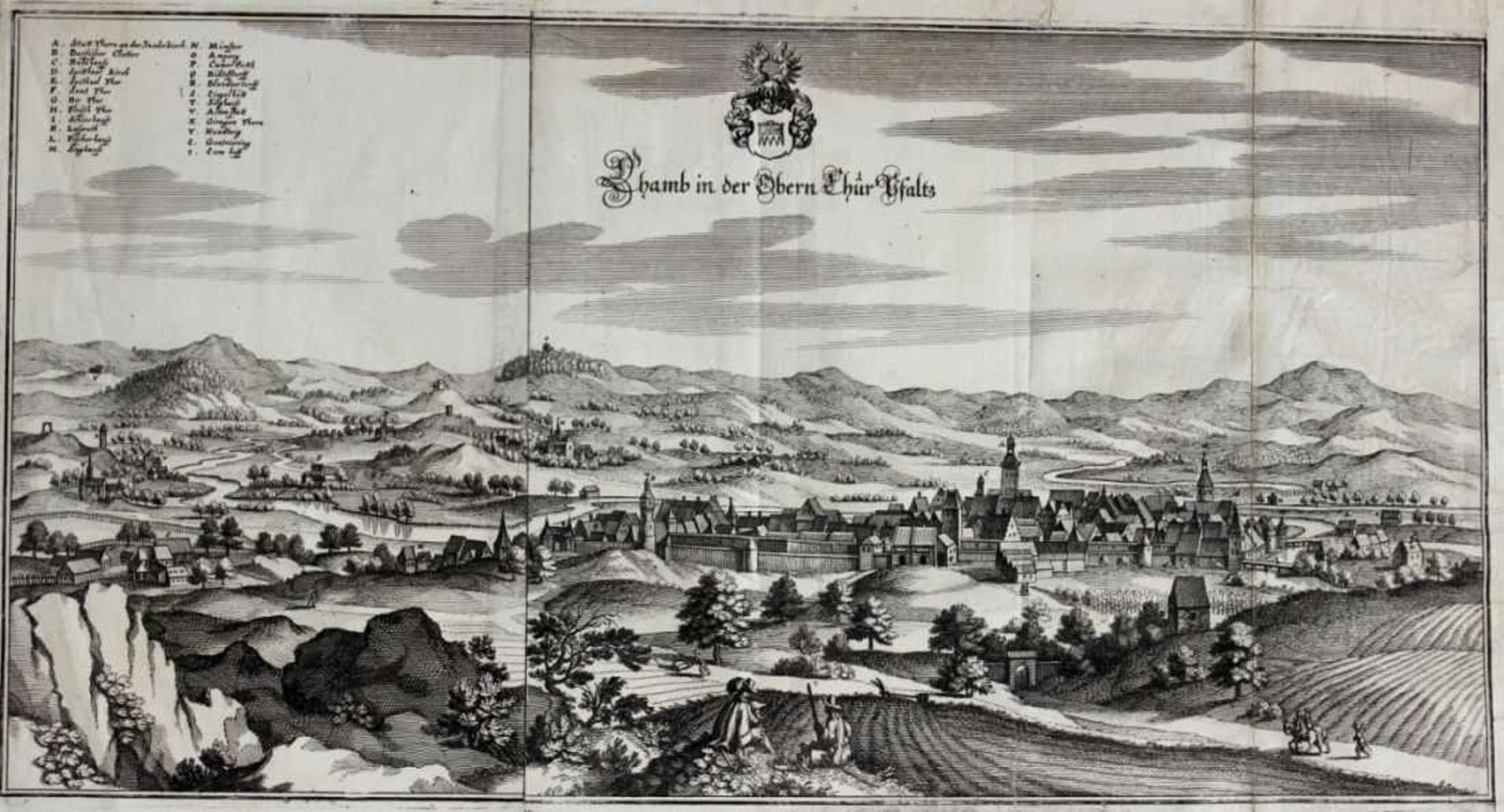 Kupferstich - Caspar Merian (1627 Frankfurt a.M. - 1686 Schloss Waltha) "Cham aus der Sicht von