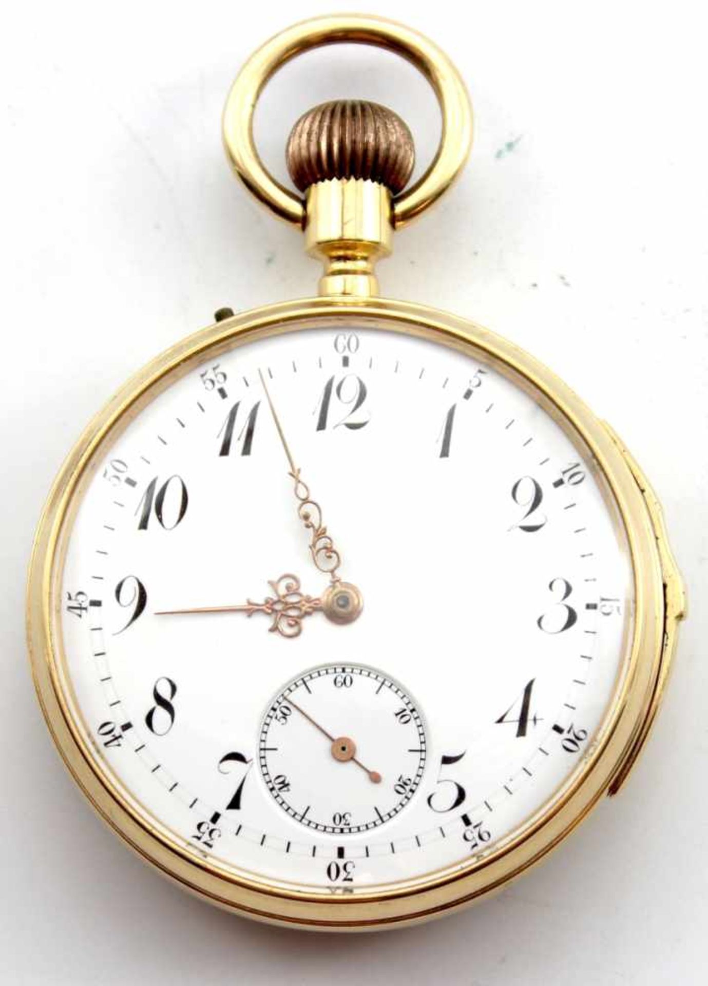 Goldene offene Herrentaschenuhr mit Schlagwerk um 1900 Gehäuse und alle Deckel, Gelbgold gest.