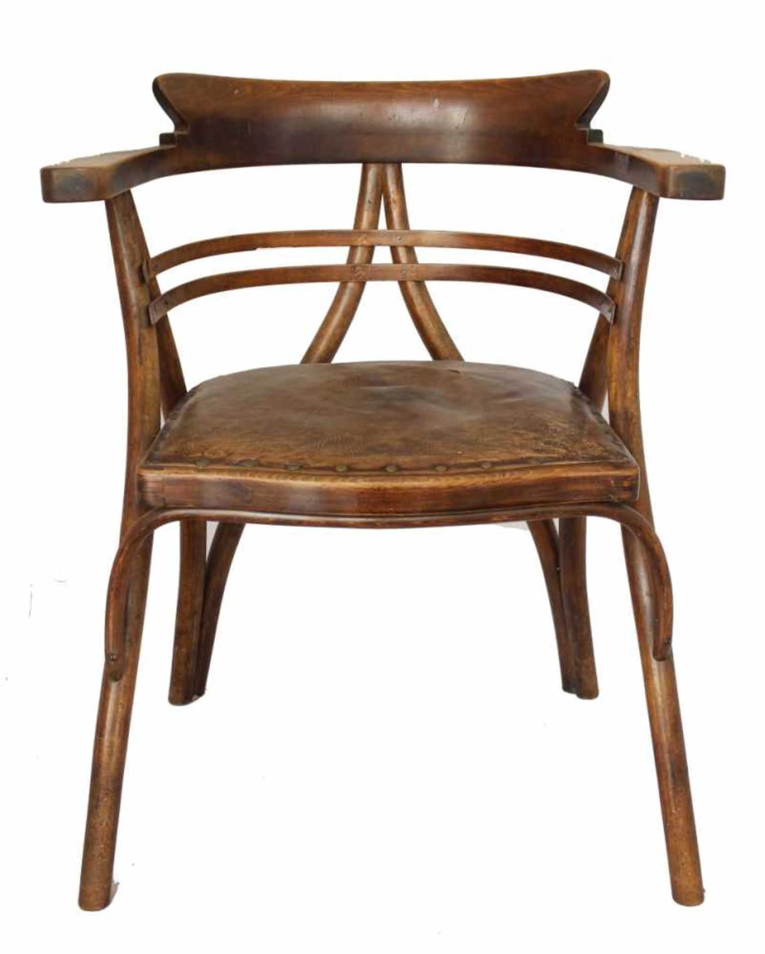 Armlehnstuhl - Jugendstil um 1900 in der Art von Thonet, gebogtes Holz, Lederbezug, Altersspuren,