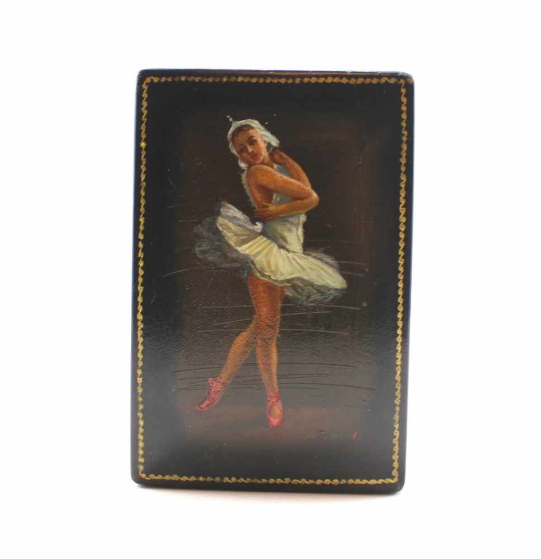 Lackdose - russisch 20.Jahrhundert "Ballerina", rechteckige Form in Holz, Maße ca. 2,5x8x5,5 cm