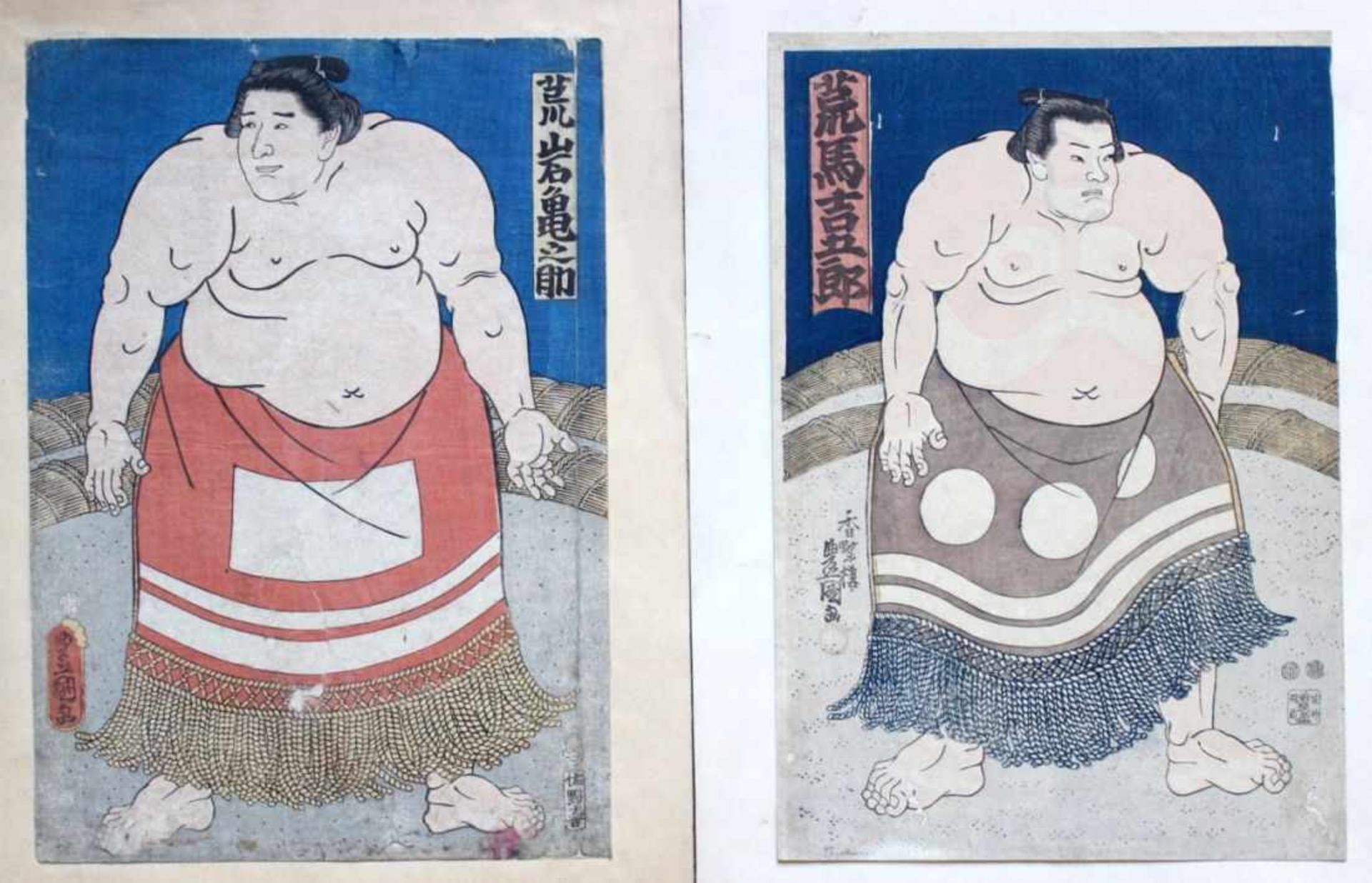 Paar Farbholzschnitte - Kunisada Utagawa (1786-1865) "Sumo-Ringer", starke Altersspuren, 36x24,5 (