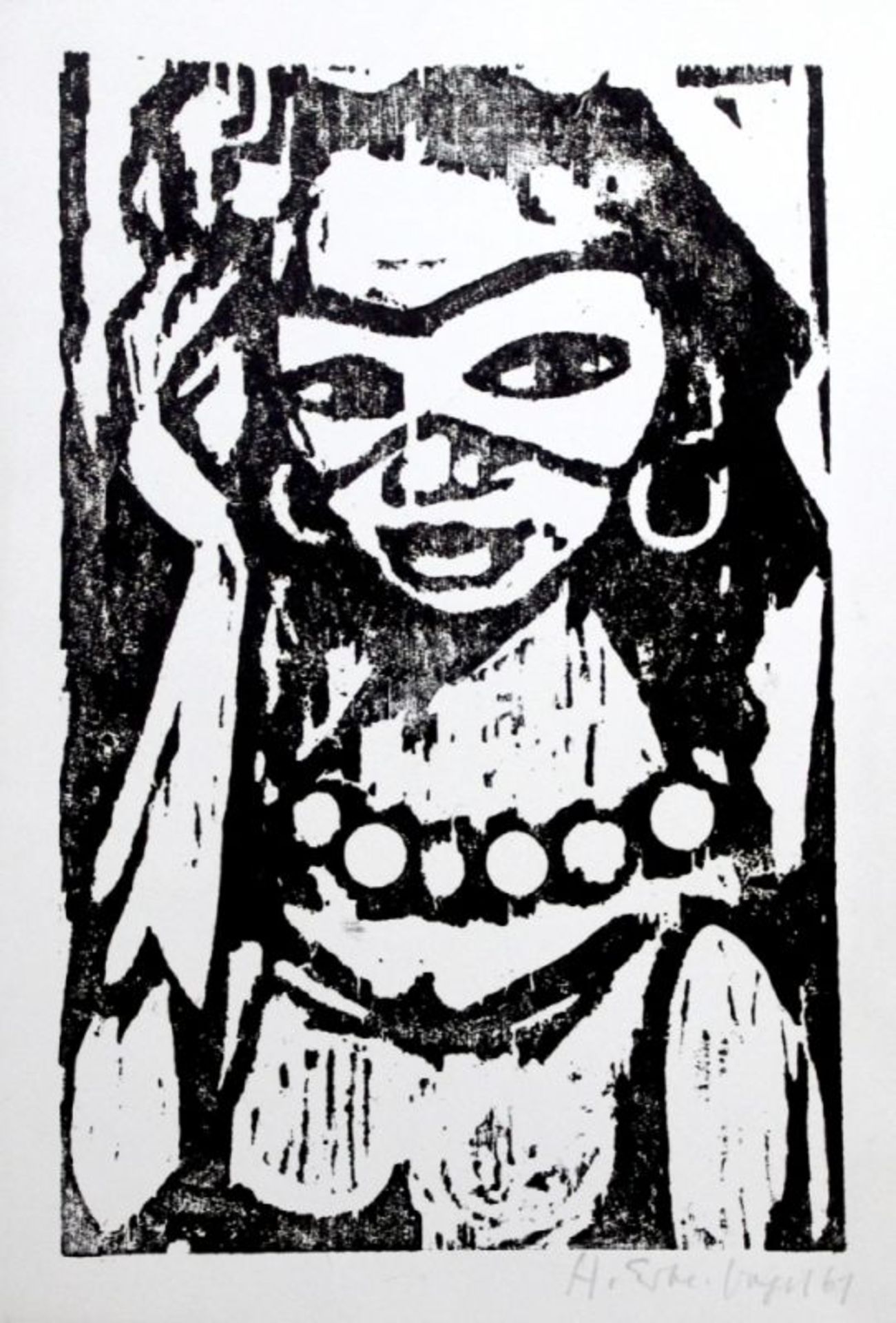 Holzschnitt - Hermann Erbe-Vogel (1907 Hof an der Saale - 1976 Freyung) "Mädchen mit Maske", r.u.