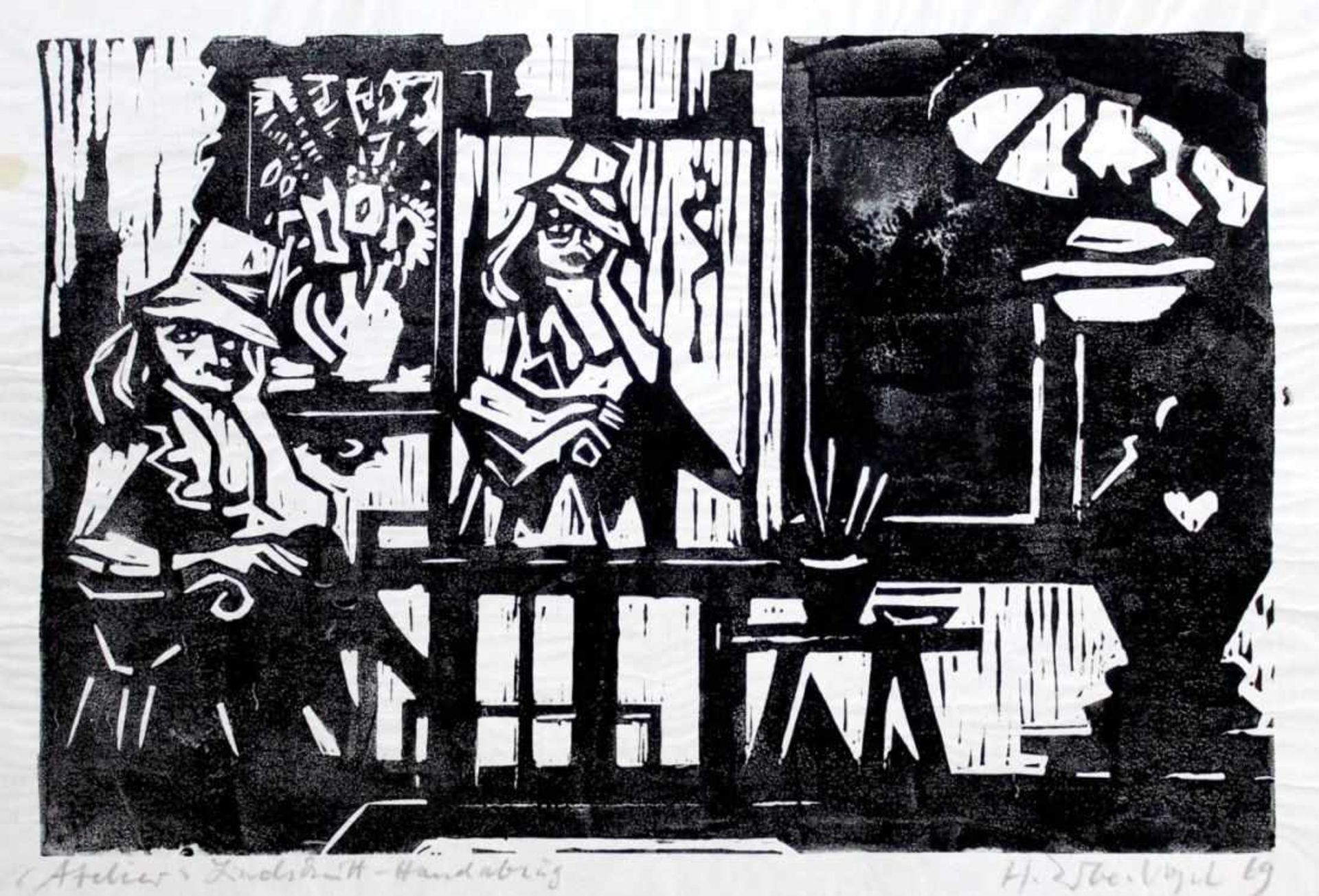 Linolschnitt - Hermann Erbe-Vogel (1907 Hof an der Saale - 1976 Freyung) "Atelier", r.u.