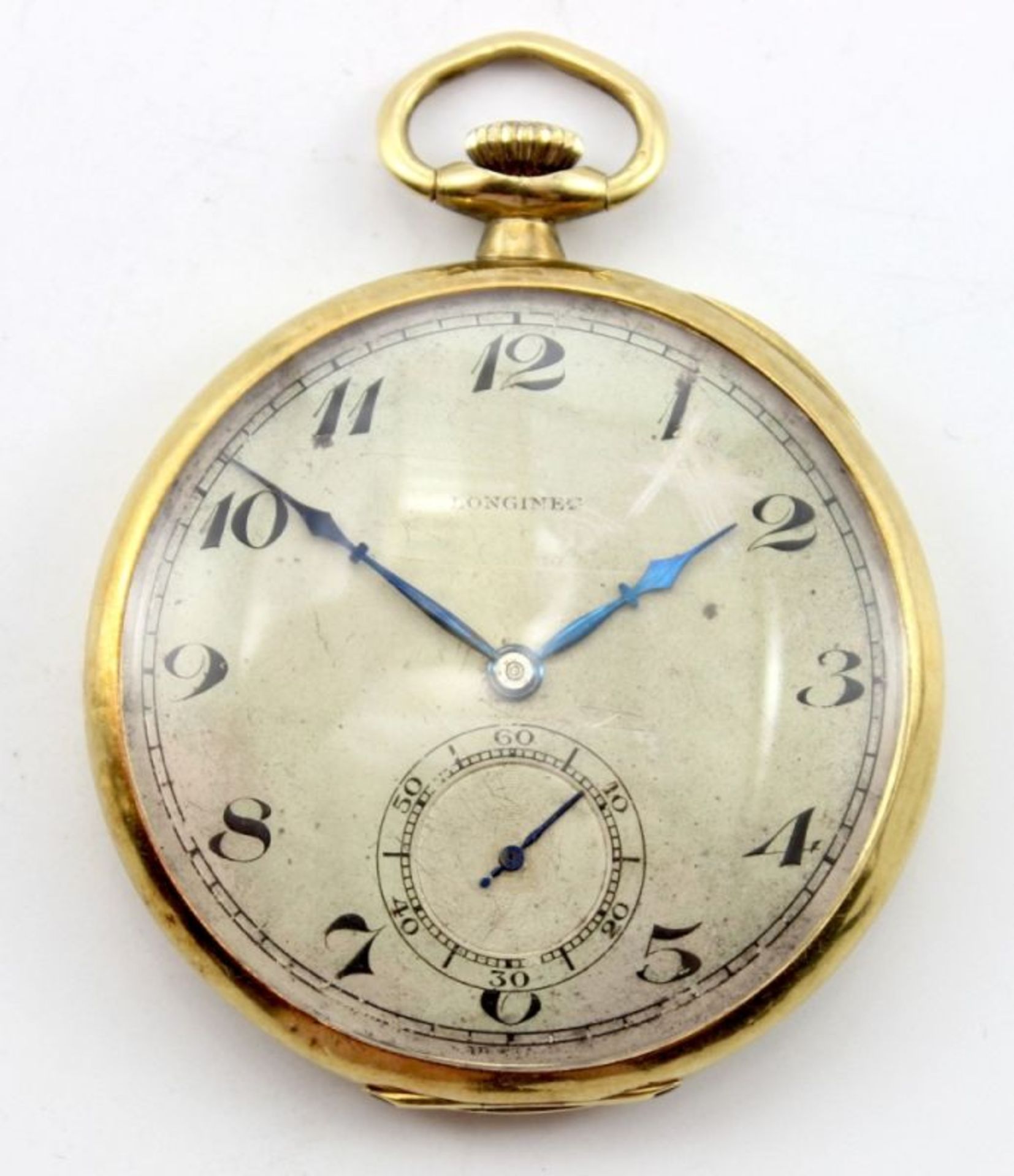 Goldene offene Taschenuhr - gem. Longines Gehäuse und Lunette Gelbgold 18 K, silberfarbenes