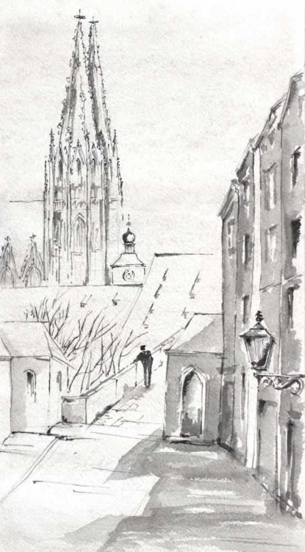 Zeichnung - A.M.Utz (XX.Jahrhundert) "Stadtansicht Regensburg von Stadtamhof", Tusche auf Papier,