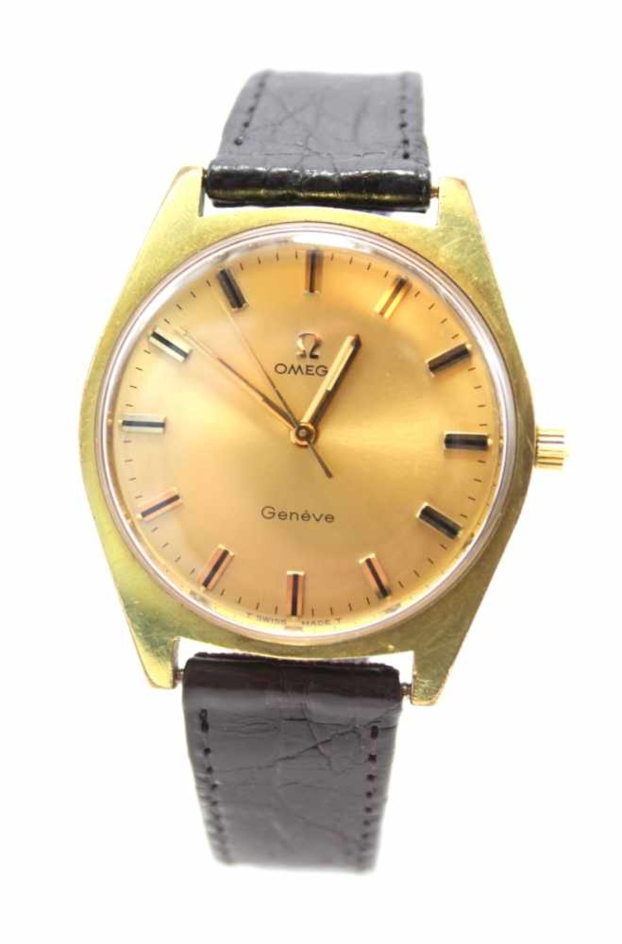 Armbanduhr - Marke Omega Geneve waterproof, goldfarbenes Stahlgehäuse mit goldfarbenen Zeigern,