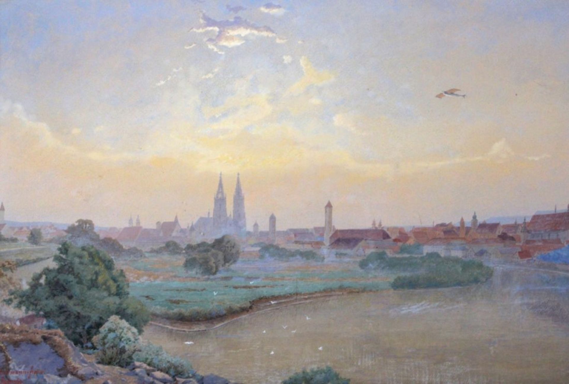 Aquarell - Prof. Manfred Lindemann-Frommel (1852 München - 1939 Regensburg) "Stadtansicht Regensburg