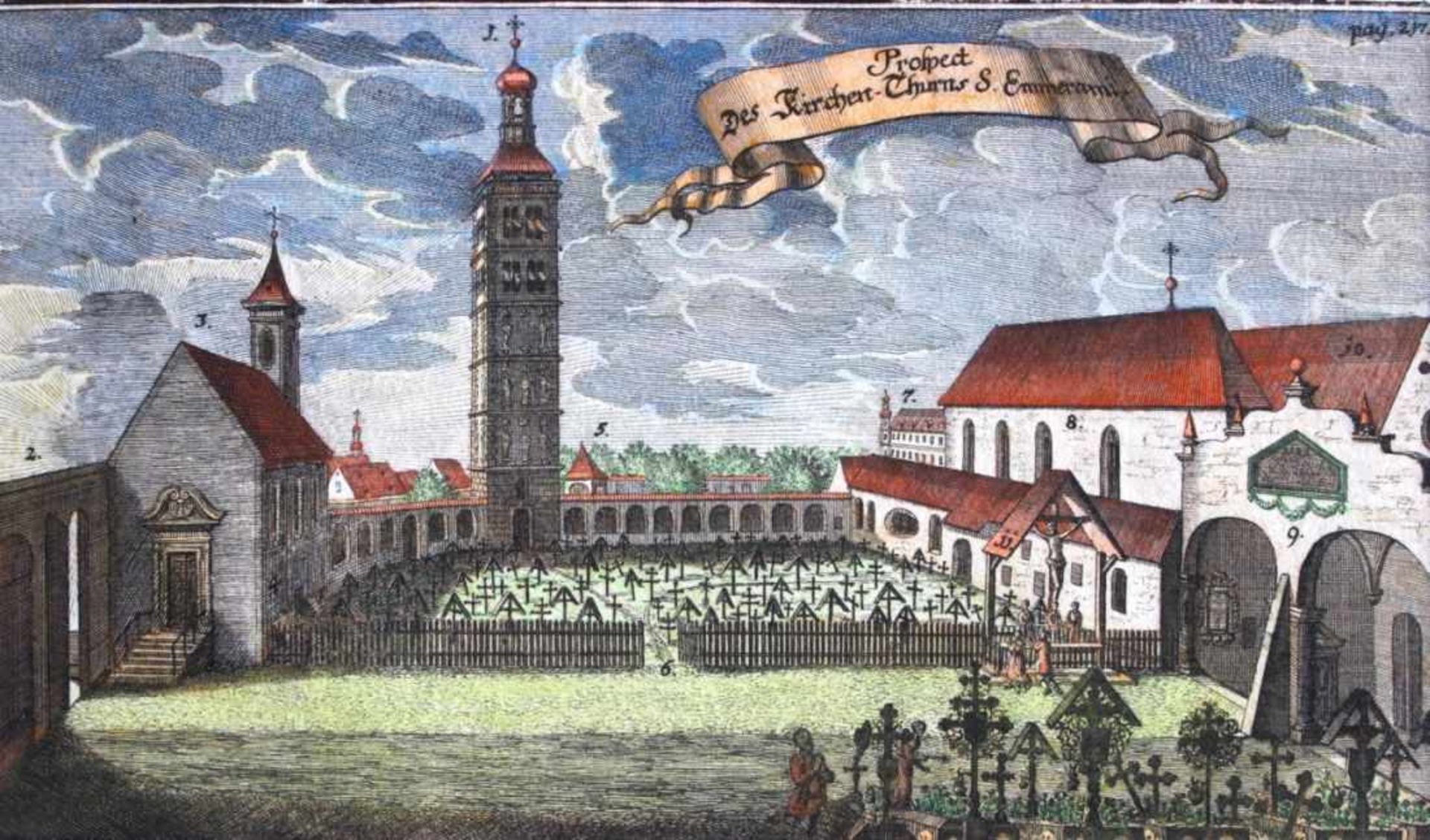 Kupferstich aus dem 18.Jahrhundert "Prospekt des Kirchenturm S. Emmeram in Regensburg", koloriert,
