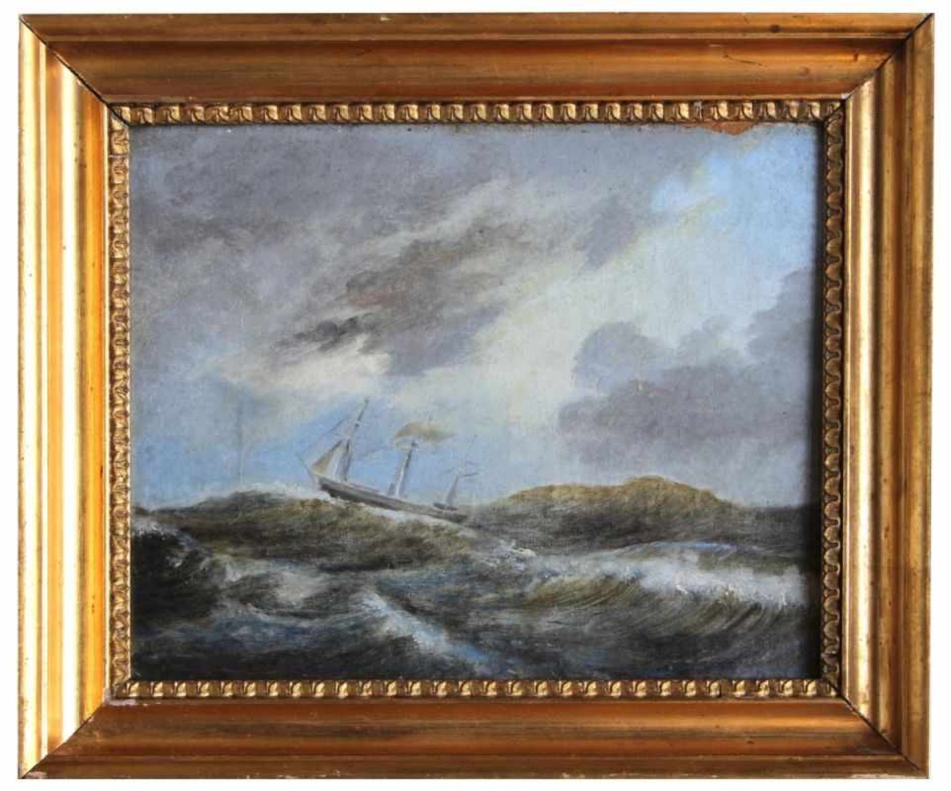 Gemälde - wohl Dänemark 19.Jahrhundert "Bewegte See mit Dreimaster", unsigniert, rückseitig
