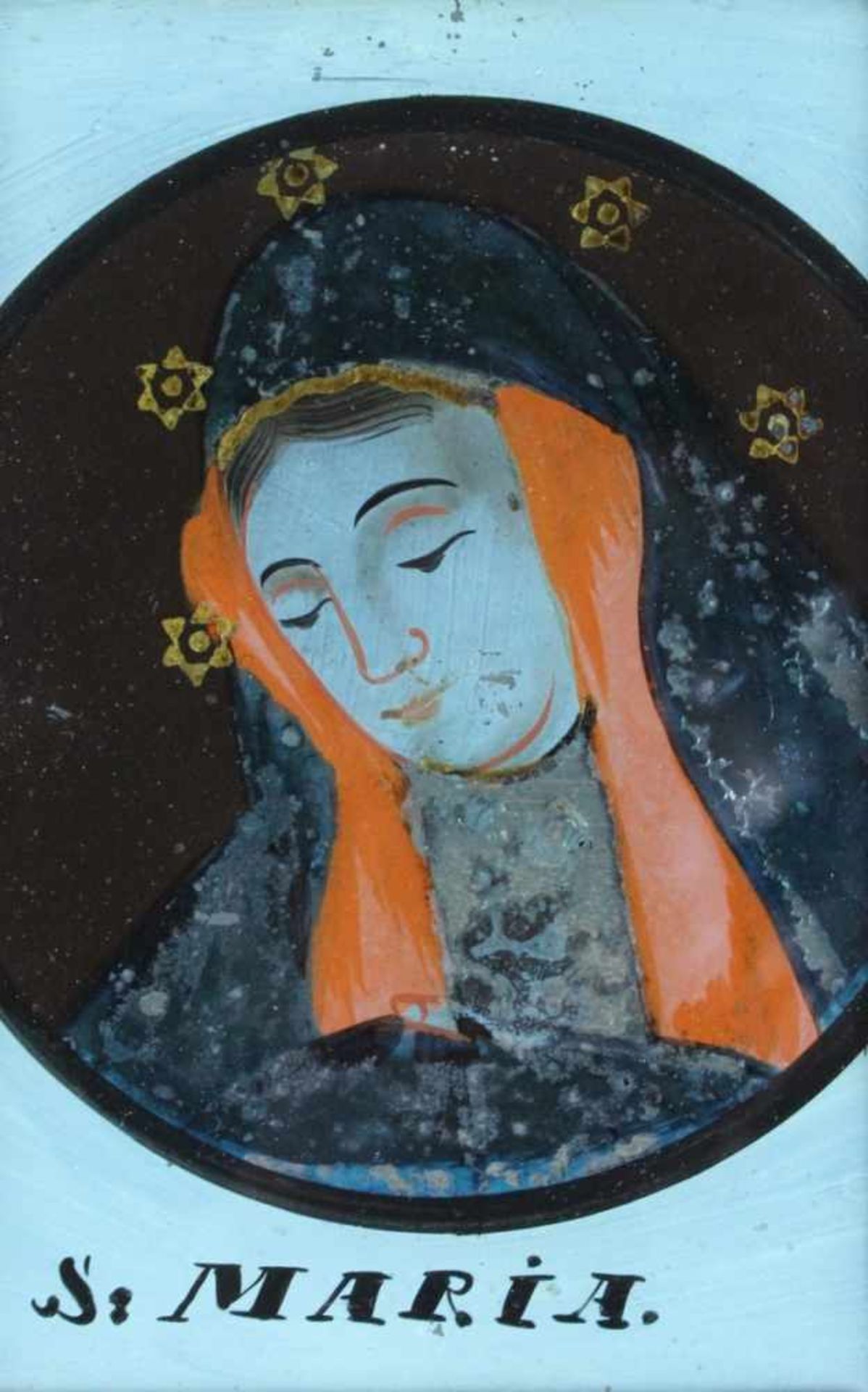 Hinterglasbild - wohl alpenländisch 19.Jahrhundert "S. Maria", Maße Darstellung ca. 19x12 cm,