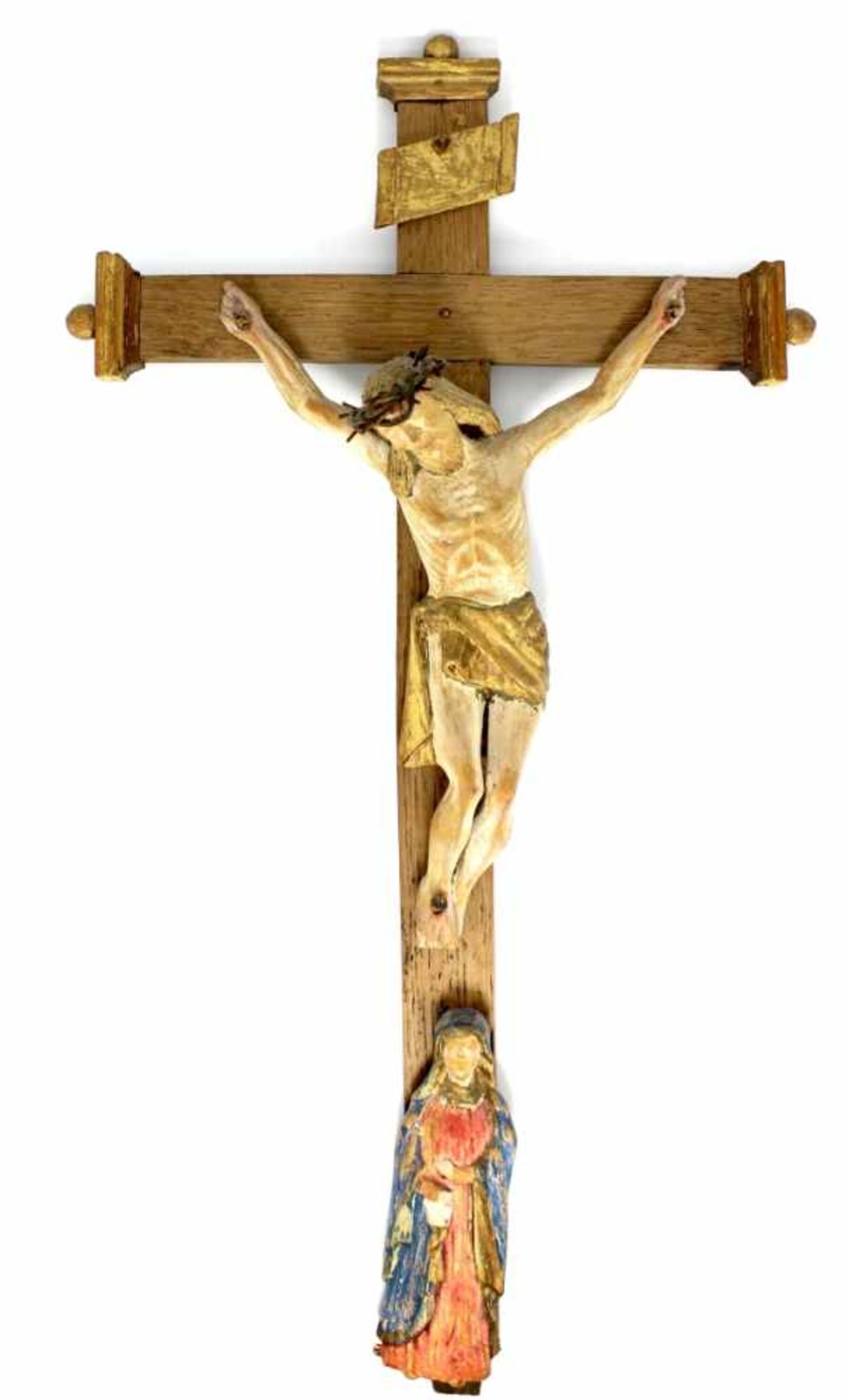 Kreuz - wohl Oberammergau 18./19.Jahrhundert Holz geschnitzt, Dreinageltypus, Fassung teilw. später,