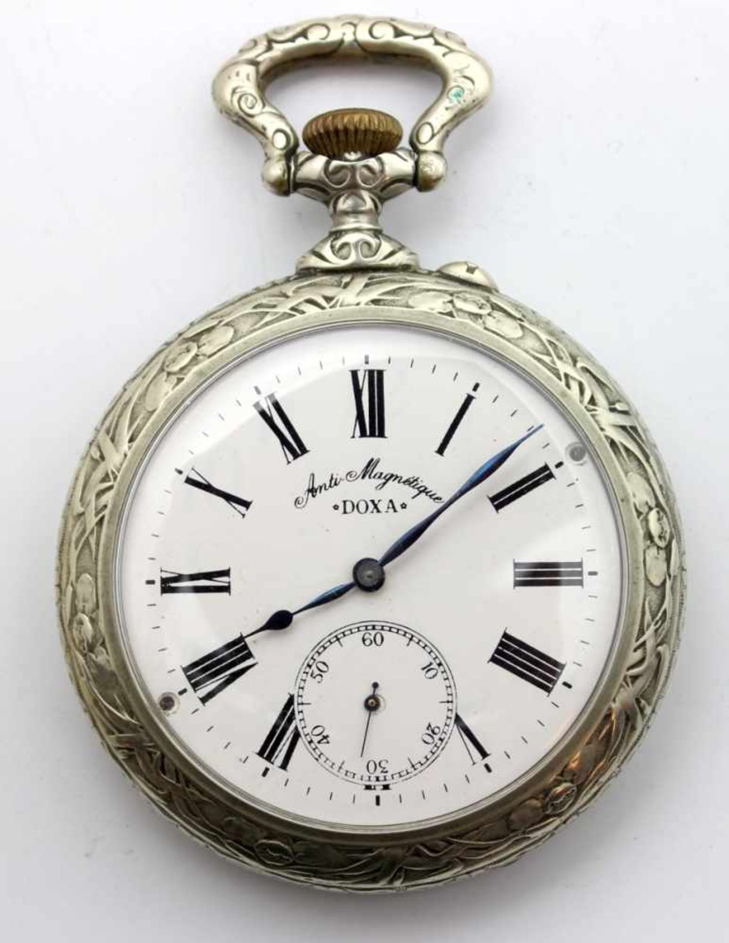 Schwere Kutscheruhr - Marke Doxa Antimagnetic um 1910, Argentangehäuse, Emailzifferblatt mit