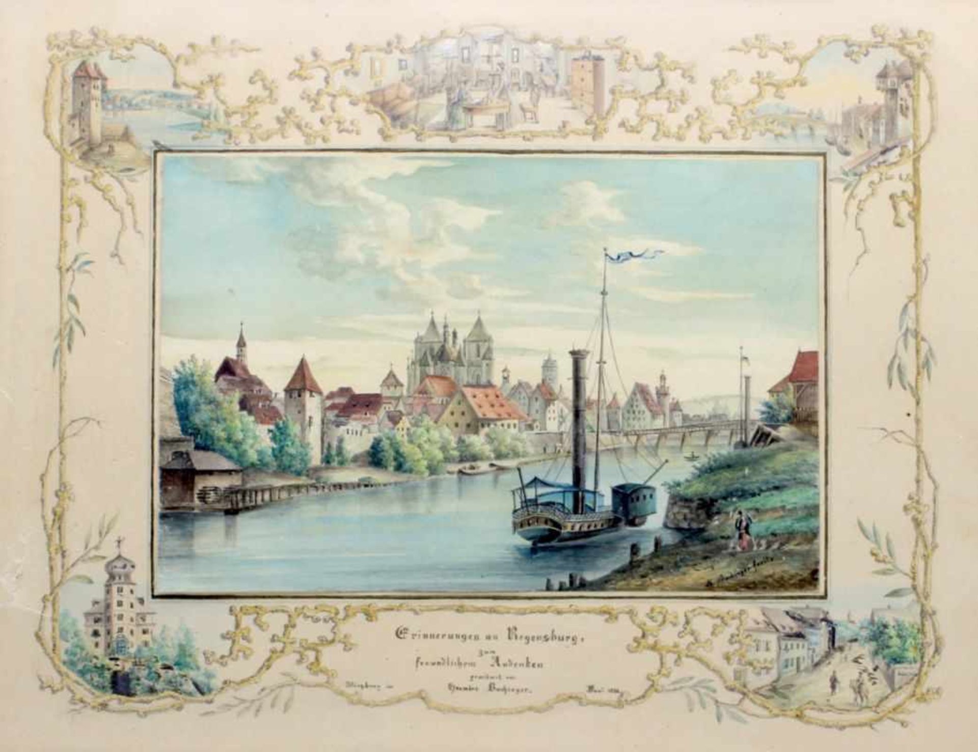 Aquarell - Biedermeier Mitte 19.Jahrhundert "Stadtansicht Regensburg aus Sicht vom Unteren Wöhrd, im