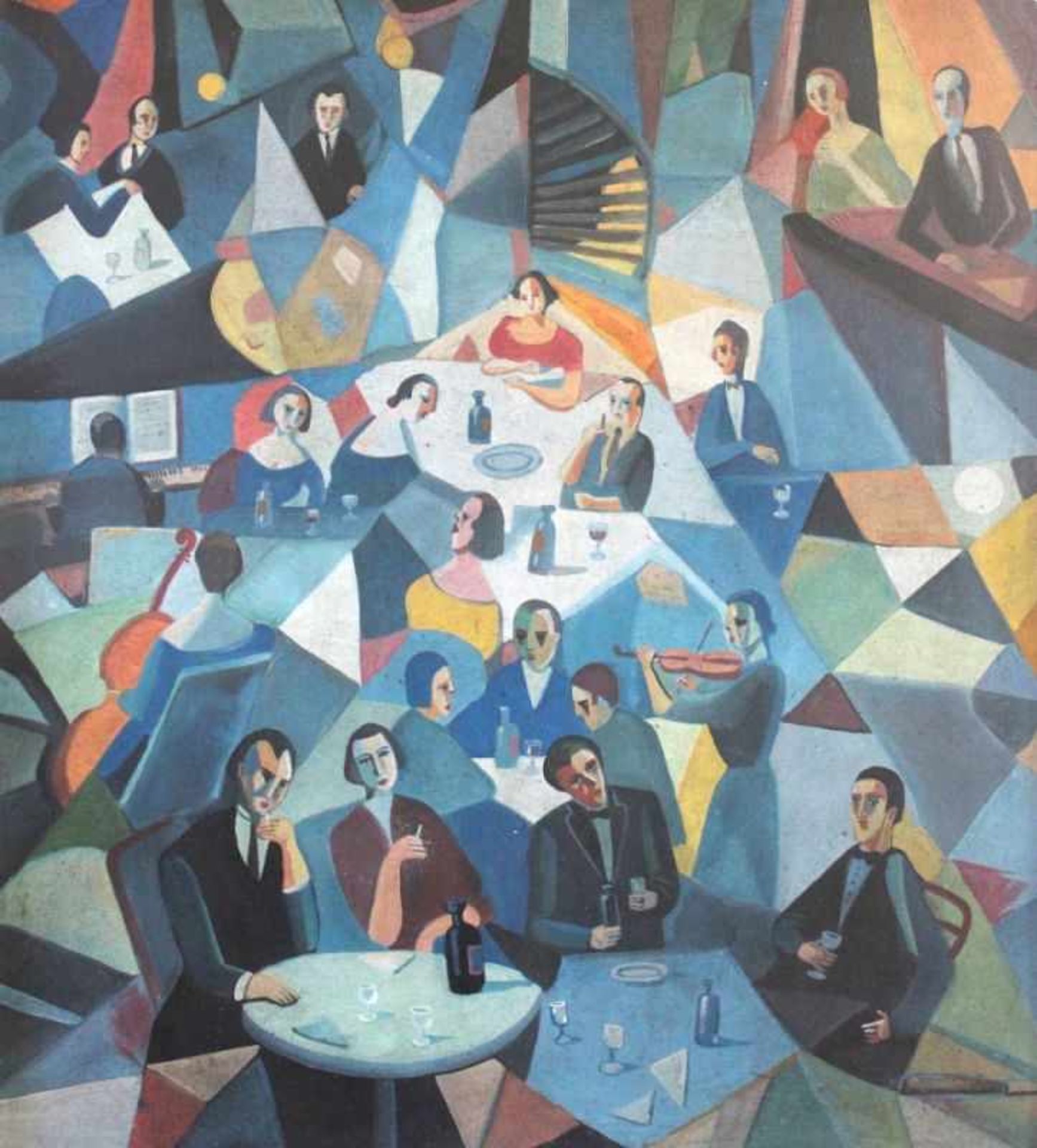 Gemälde - im Stil der Avantgarde des 20.Jahrhunderts "Cafehausszene", unsigniert, Öl auf Platte,