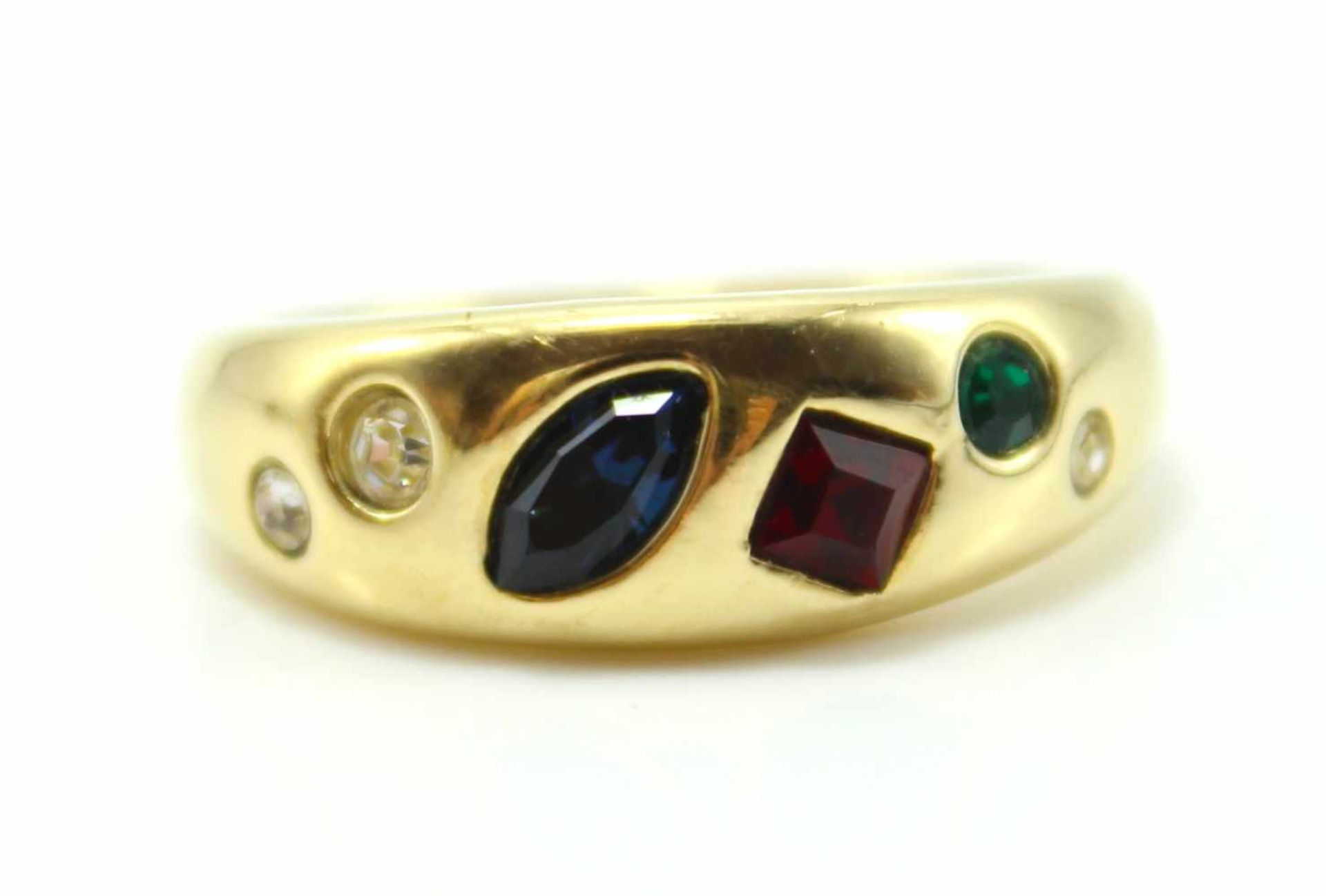 Goldener Bandring - Gelbgold gest. 18 K mit Farbsteinen (Saphir, Rubin, Smaragd) und 3 Diamanten