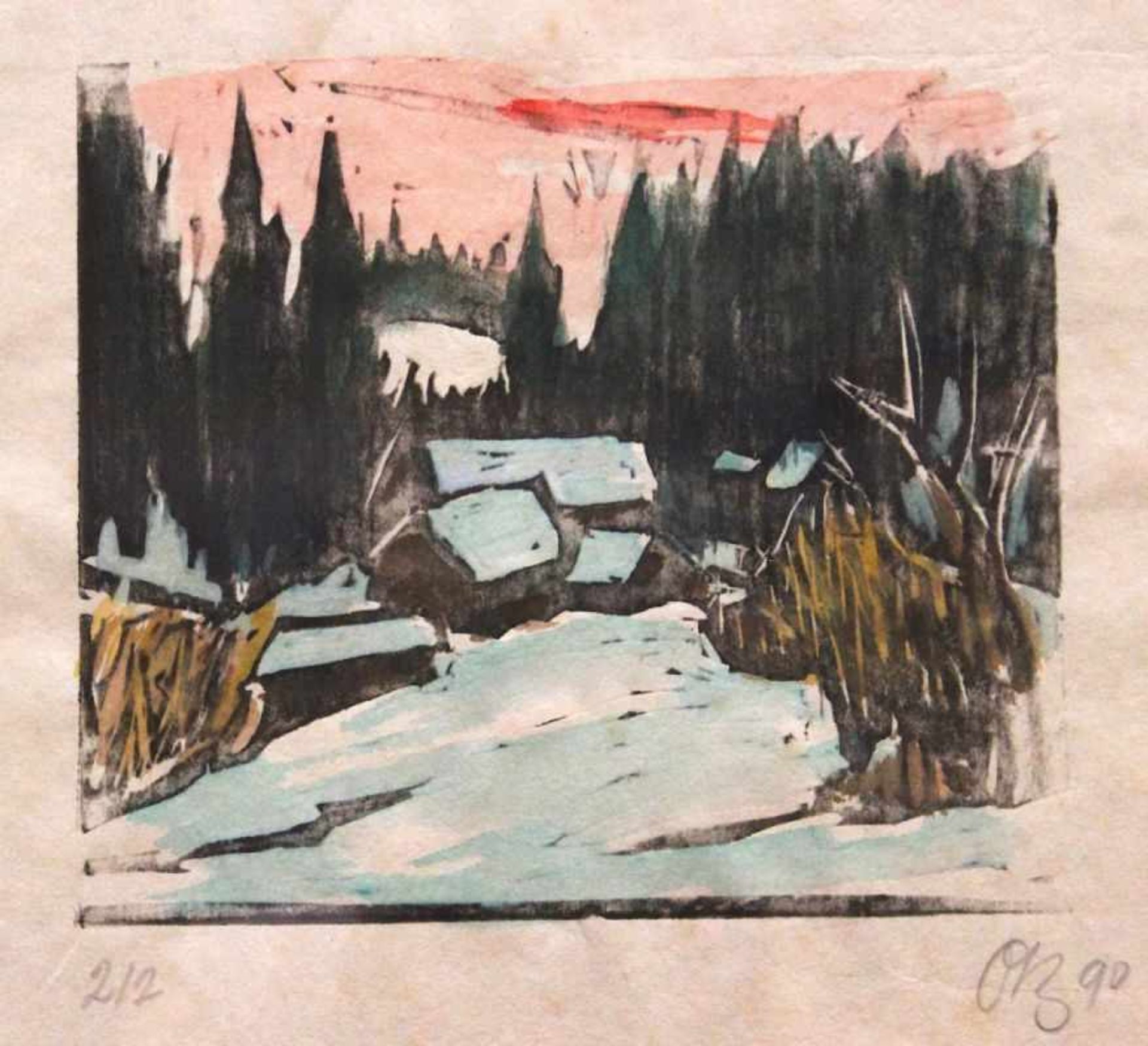 Holzschnitt - Otto Baumann (Regensburg 1901 - 1992) "Winterlandschaft", r.u. monogrammiert,