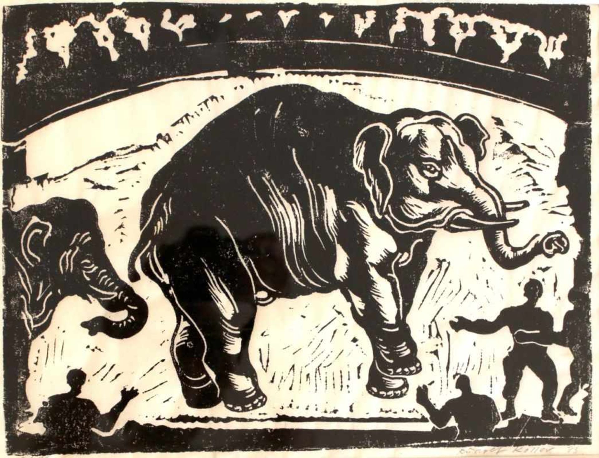Linolschnitt - Rudolf Koller (1943 Beratzhausen) "Manege mit Elefanten", r.u. Bleistiftsignatur,