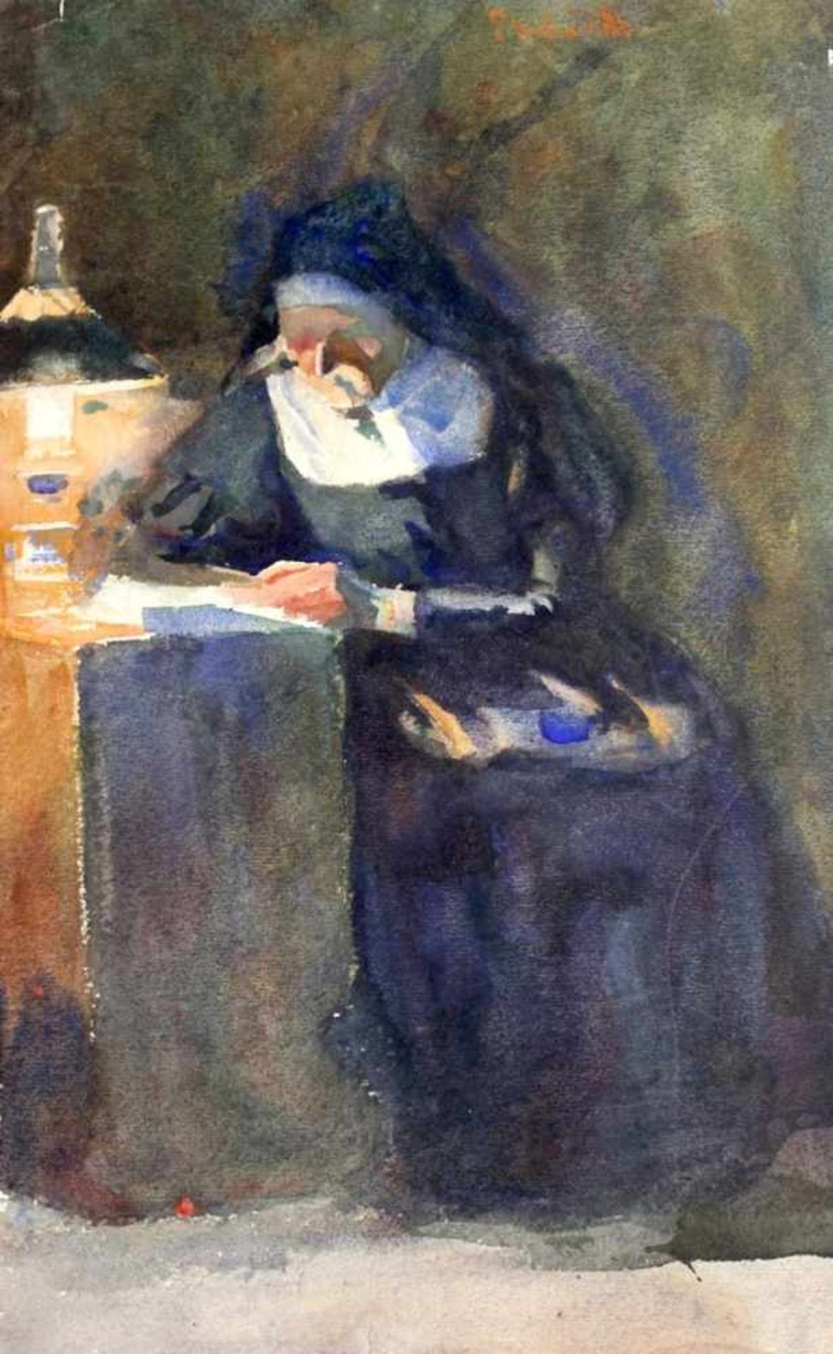 Aquarell - Frieda Erhardt (deutsch um 1900) "Lesende", r.o. signiert, lasierende Farben auf