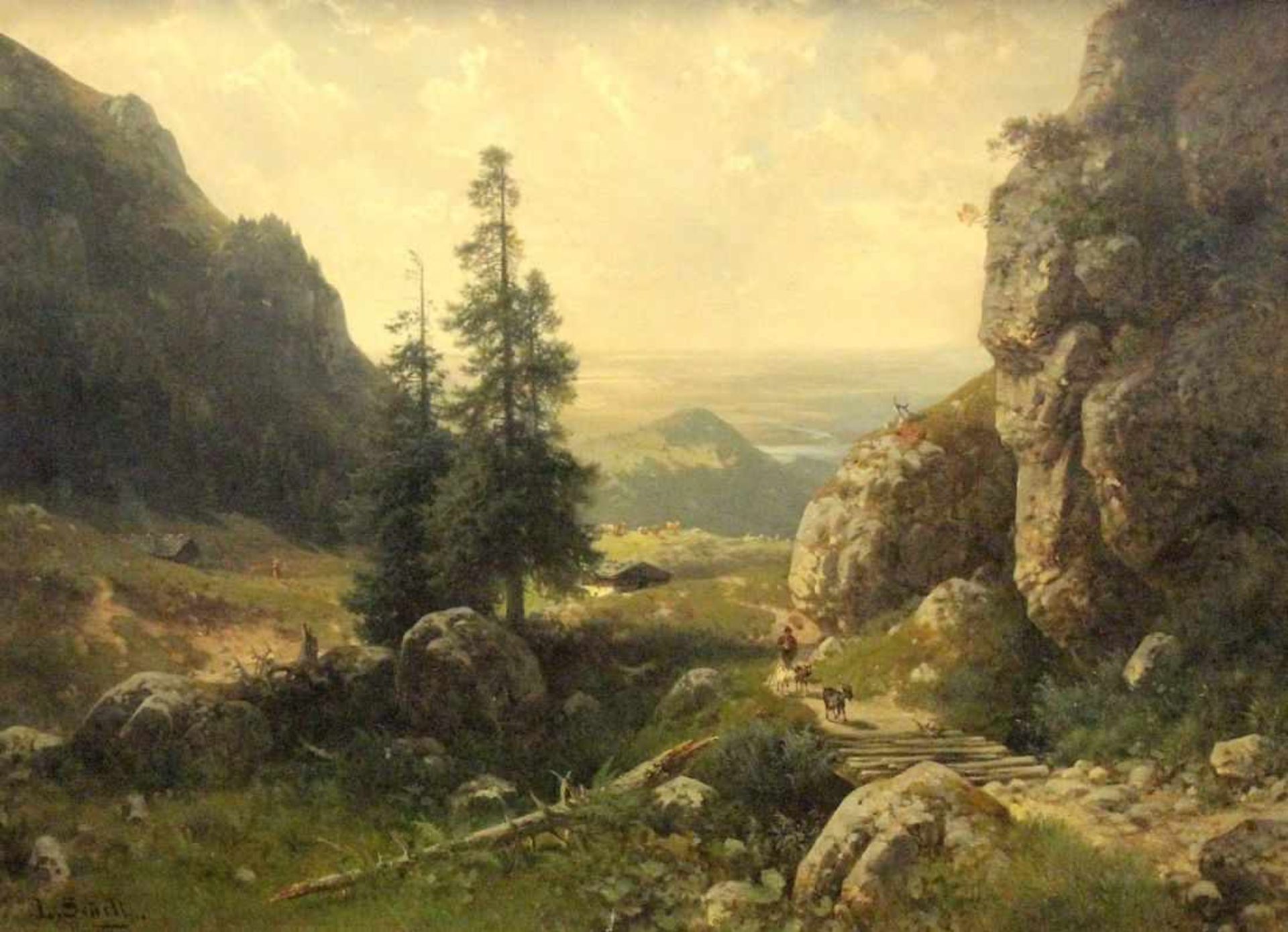 Gemälde - wohl Ludwig Sckell (1842 Obergünzburg - 1905 München) "Alpenländische Landschaftsidylle,