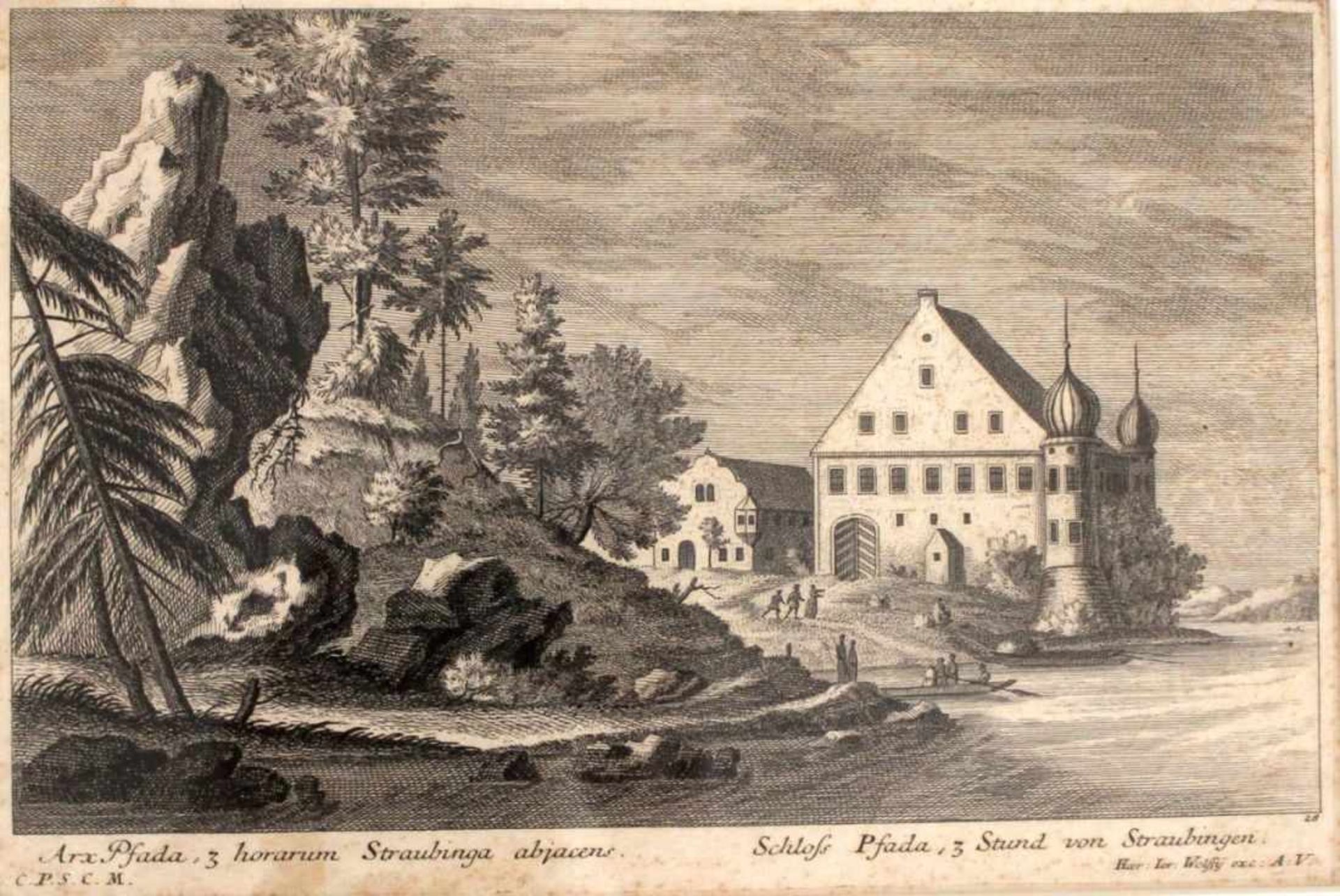 Kupferstich - Augsburg um 1735 "Schloß Pfatter bei Regensburg", aus Theatrum Danubi bei J. Wolff