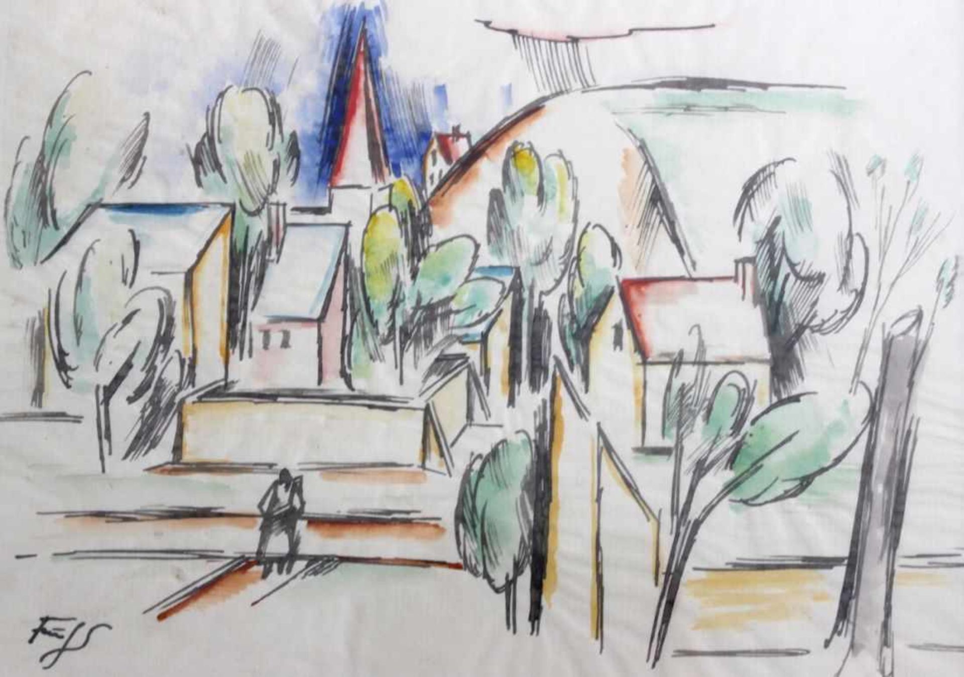 Aquarell - Heinz FUCHS (1886 Berlin Charlottenburg -1961 Berlin Wilmersdorf) "Dorflandschaft mit