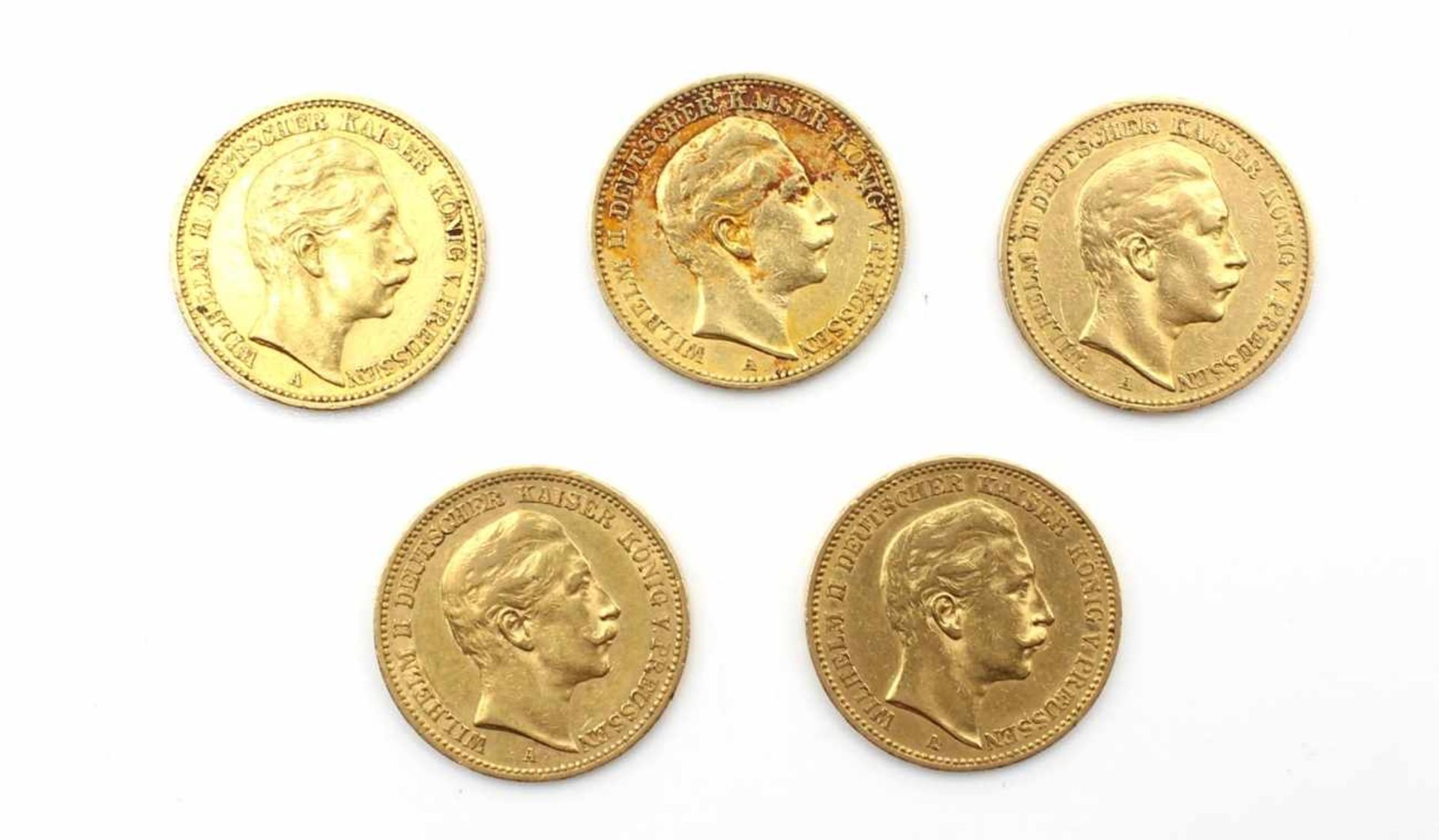 Lot Goldmünzen - DR - 20 Mark - Preussen Wilhelm II, Prägejahr 2x1889, 1891, 1892, 1895