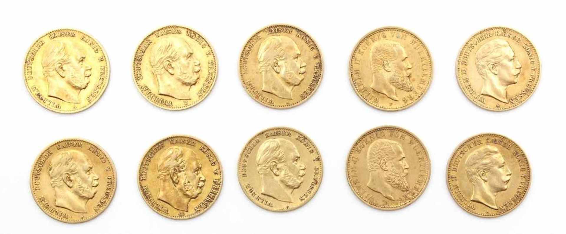 Lot Goldmünzen - 10 Mark - DR - Preussen Wilhelm 1872, 3x1873, 1874, 1880, Wilhelm II, 1903,1907,