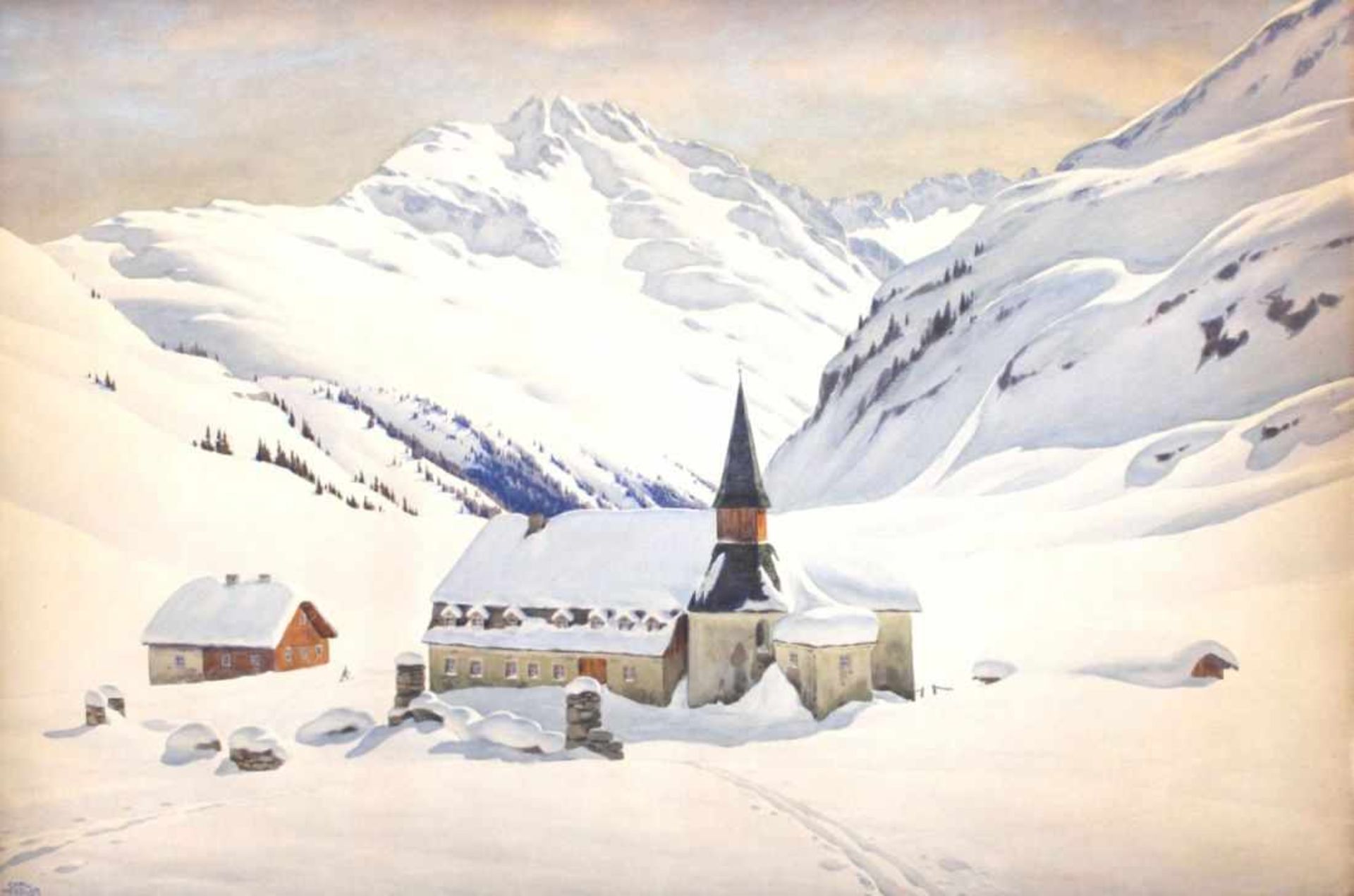 Aquarell - Carl Kessler (1876 Coburg - 1968 München) "Das Hospiz in St. Christoph am Arlberg", l.u