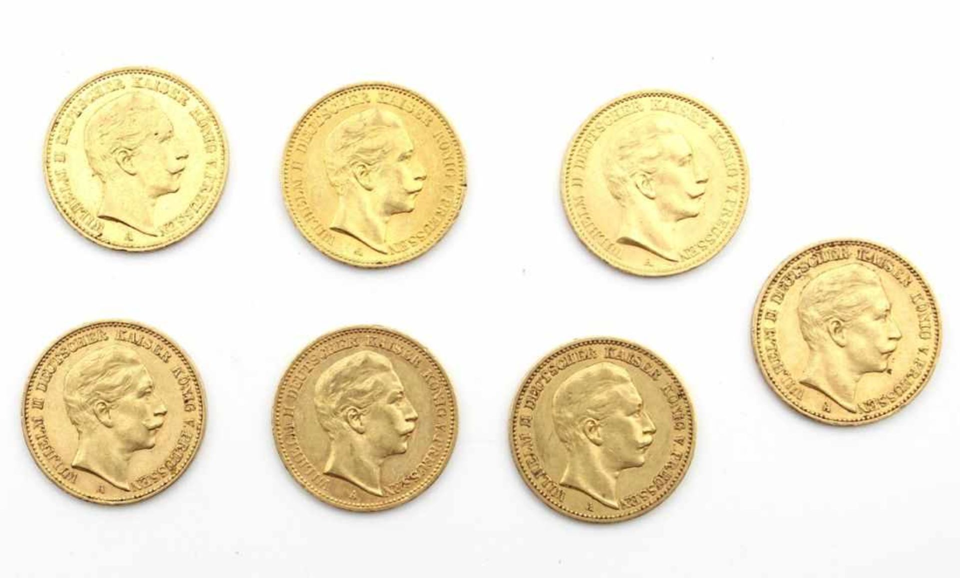 Lot Goldmünzen - 20 Mark - DR - Preussen Wilhelm II, 1889, 1891, 1897, 1901, 2x1904, 1913