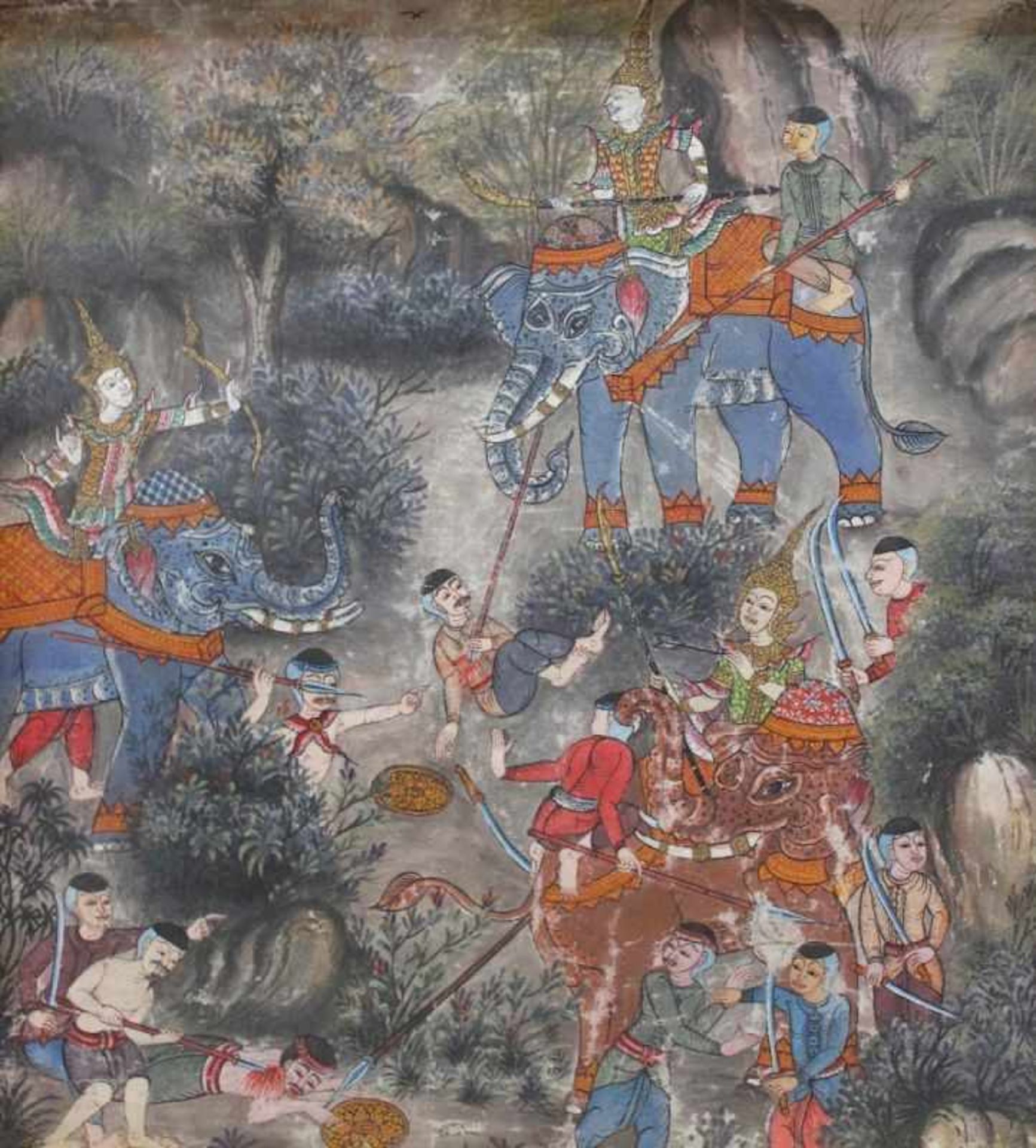 Gemälde - wohl Thailand "Schlachtenszene mit Kriegern und Elefanten", anonym, Mischtechnik,