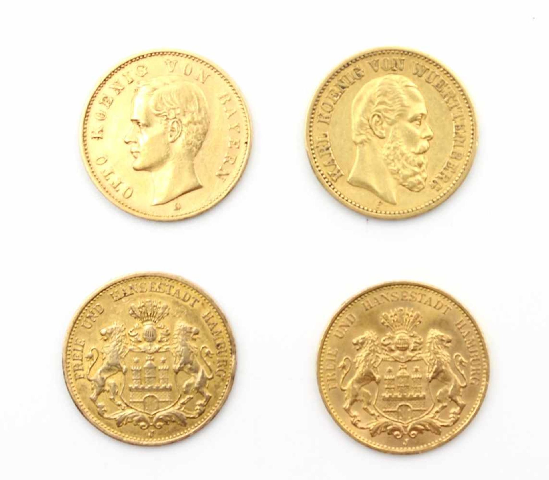 Lot Goldmünzen - DR - 20 Mark - Freie Hanse Hamburg Prägejahr 1899, 1913, Württemberg 1872 Karl,