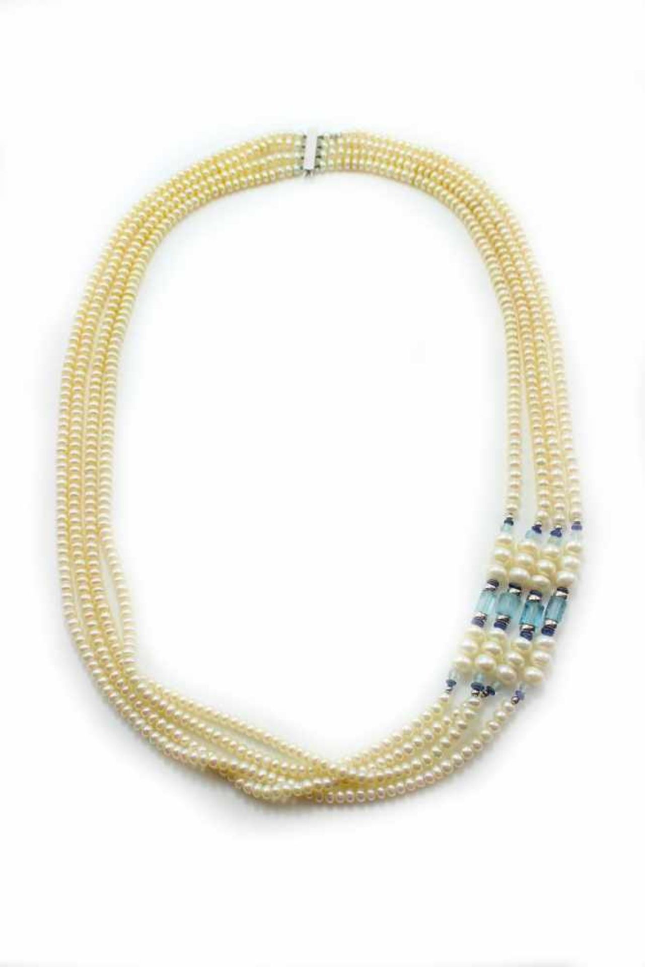 Perlenkette - Marke Schöffel 4-reihig, mit Aquastegen/Kugeln und Weißgoldringen, WG-Verschluss gest.
