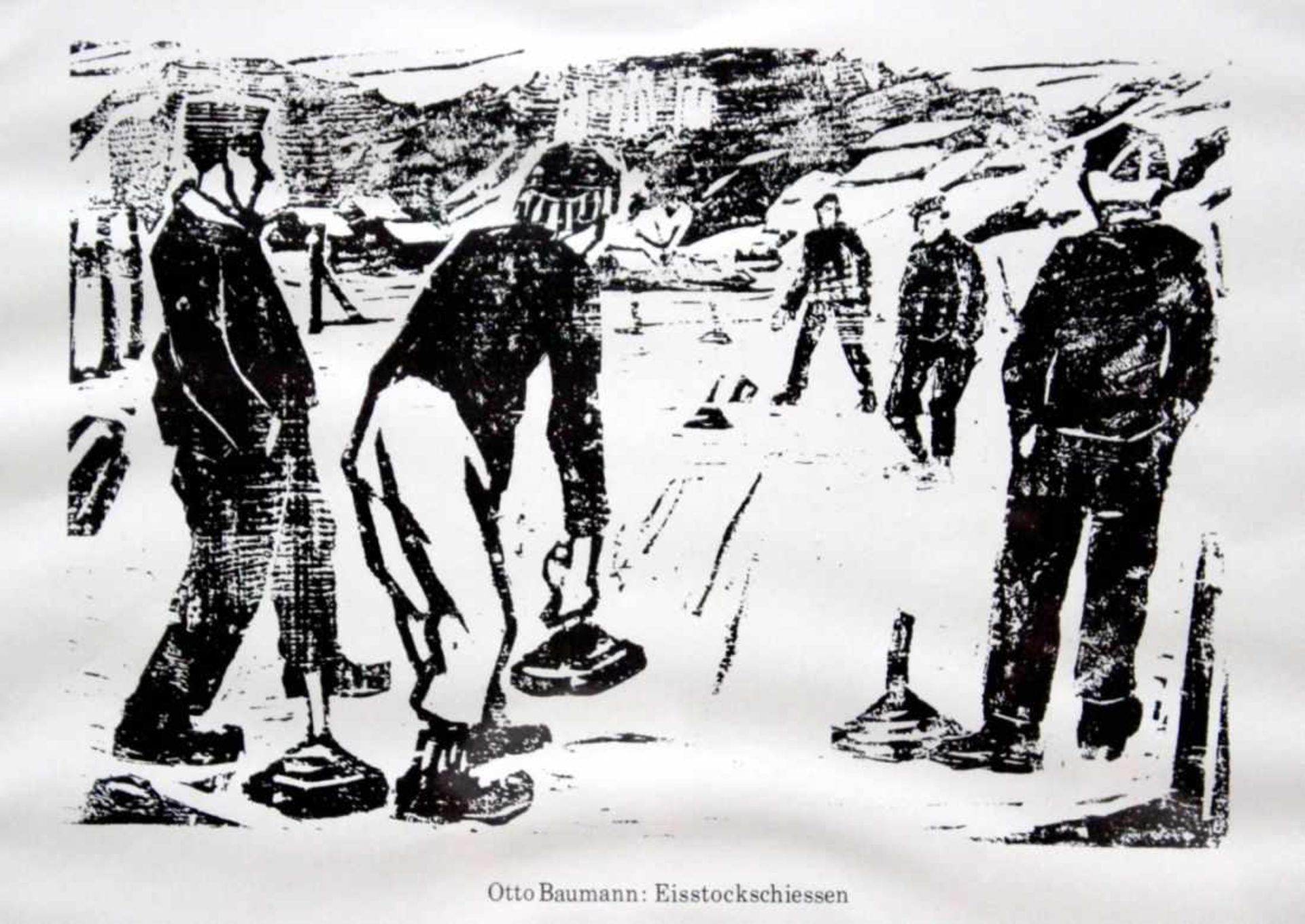 Grafik - Otto Baumann (Regensburg 1901 - 1992) "Eisstockschießen", Maße Darstellung ca. 16x23,5