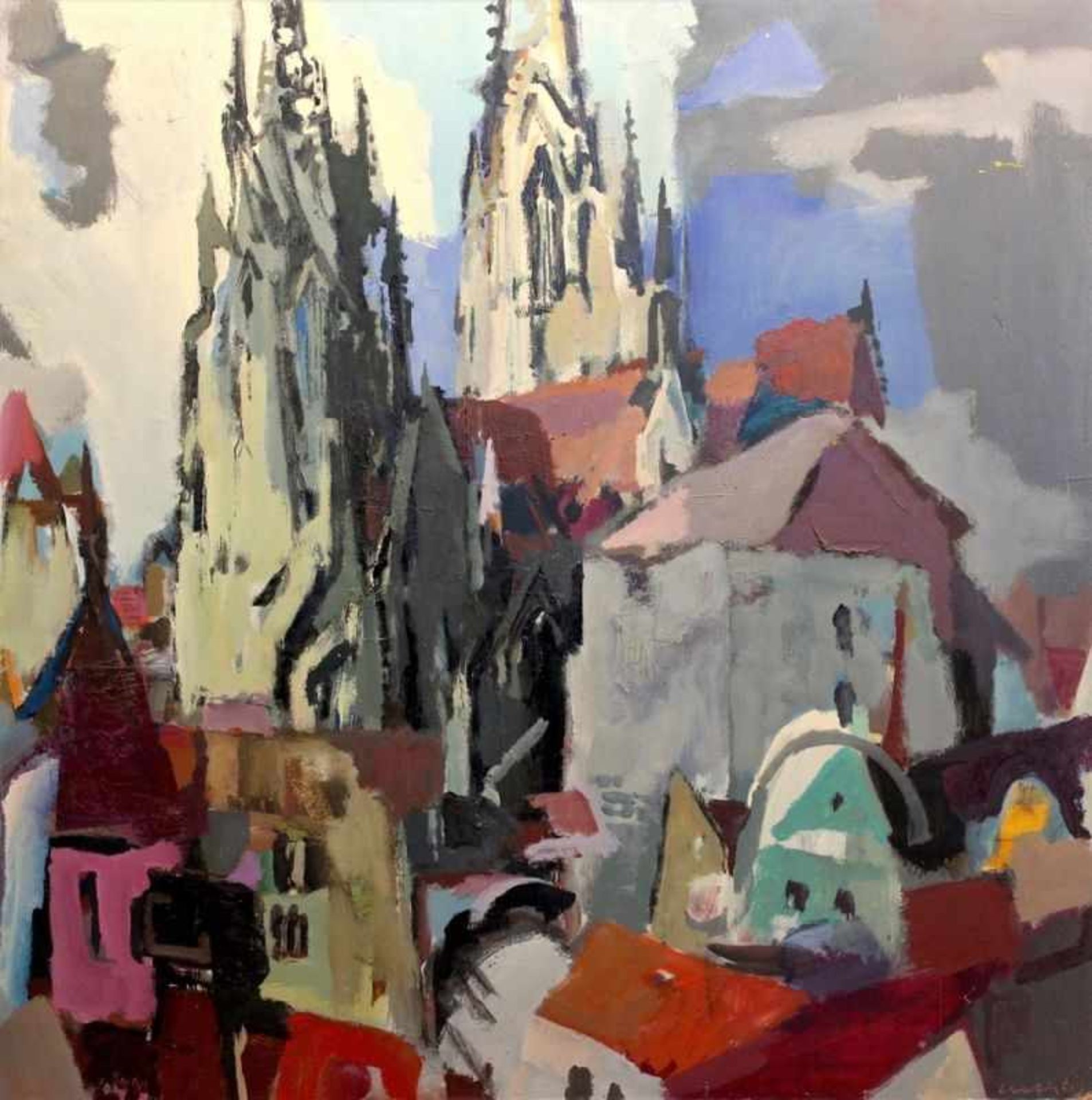 Gemälde - ein Hauptwerk von Willi Ulfig (1910 Breslau - 1983 Regensburg) "Stadtansicht Regensburg