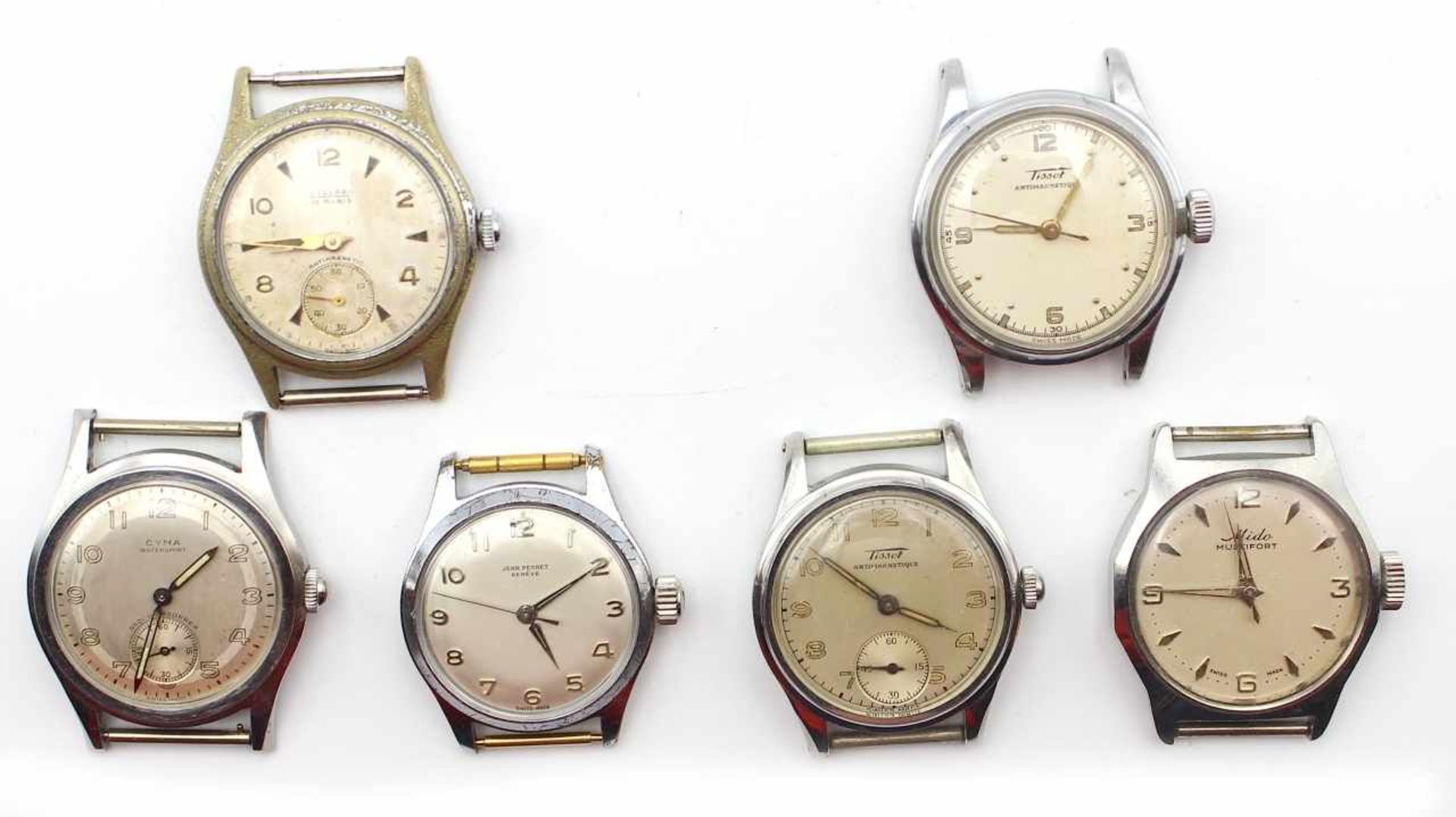 Lot von 6 Armbanduhren (ohne Bänder), Marken Cyena, 2xTissot, Silvana, Mido, Joan Perret Geneve,