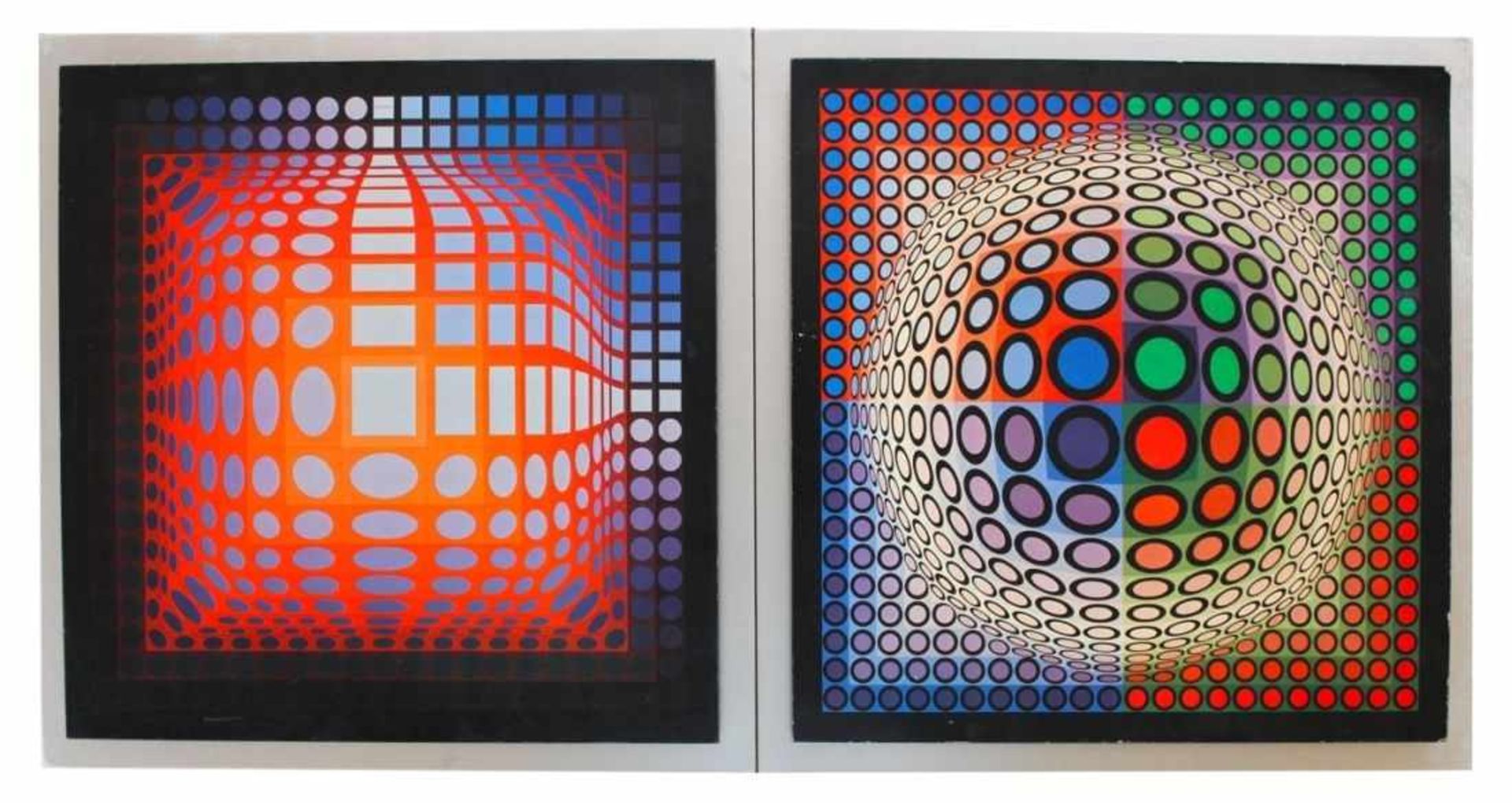 Paar Farboffsets - Victor Vasarely (1906 Pecs - 1997 Paris) "Grafische Muster", Maße ca. 41x41 cm,