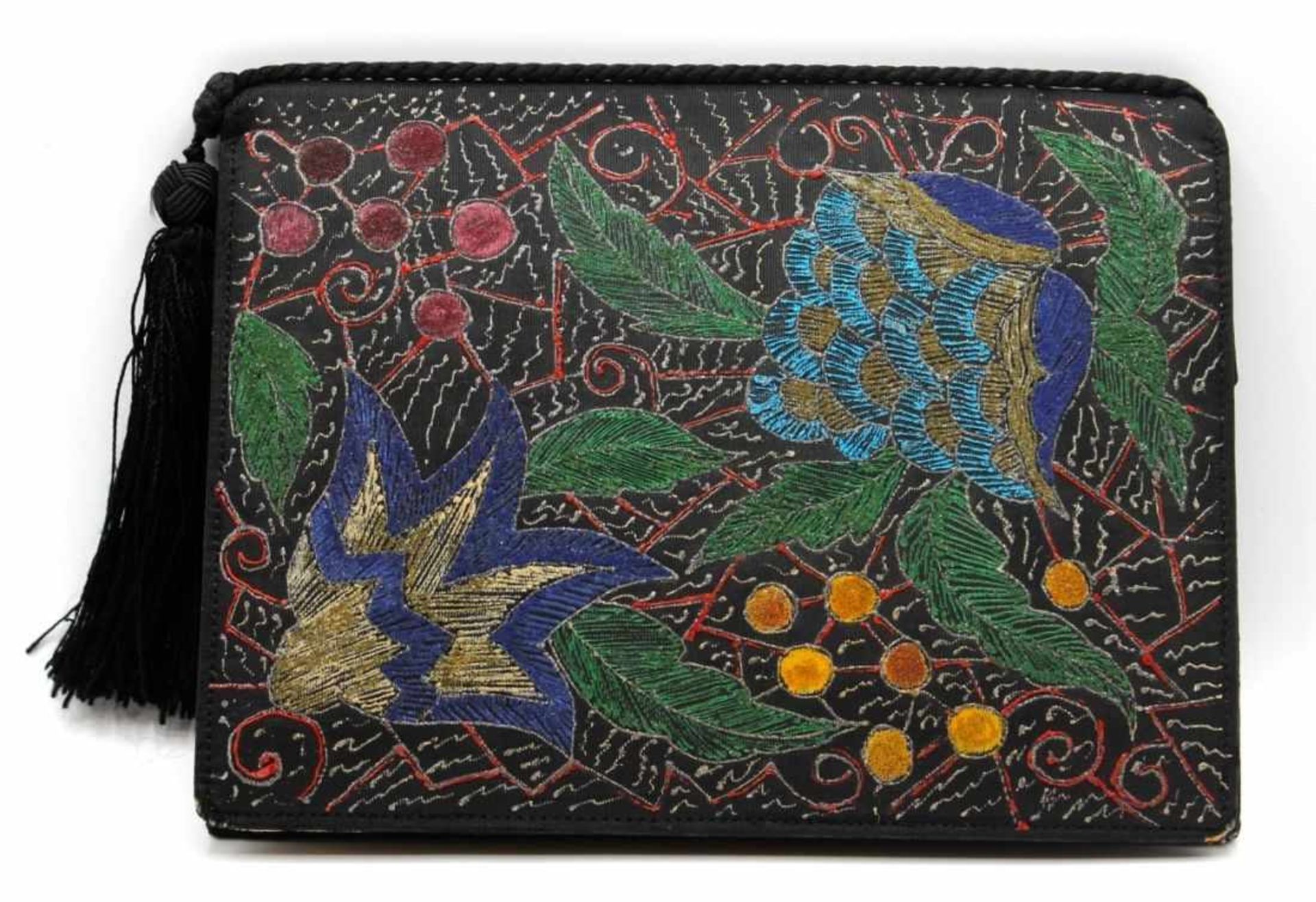 Vintage clutch bag im Art Deco Stil, Stoff schwarz, bemalt und mit bunten Perlen floral dekoriert,