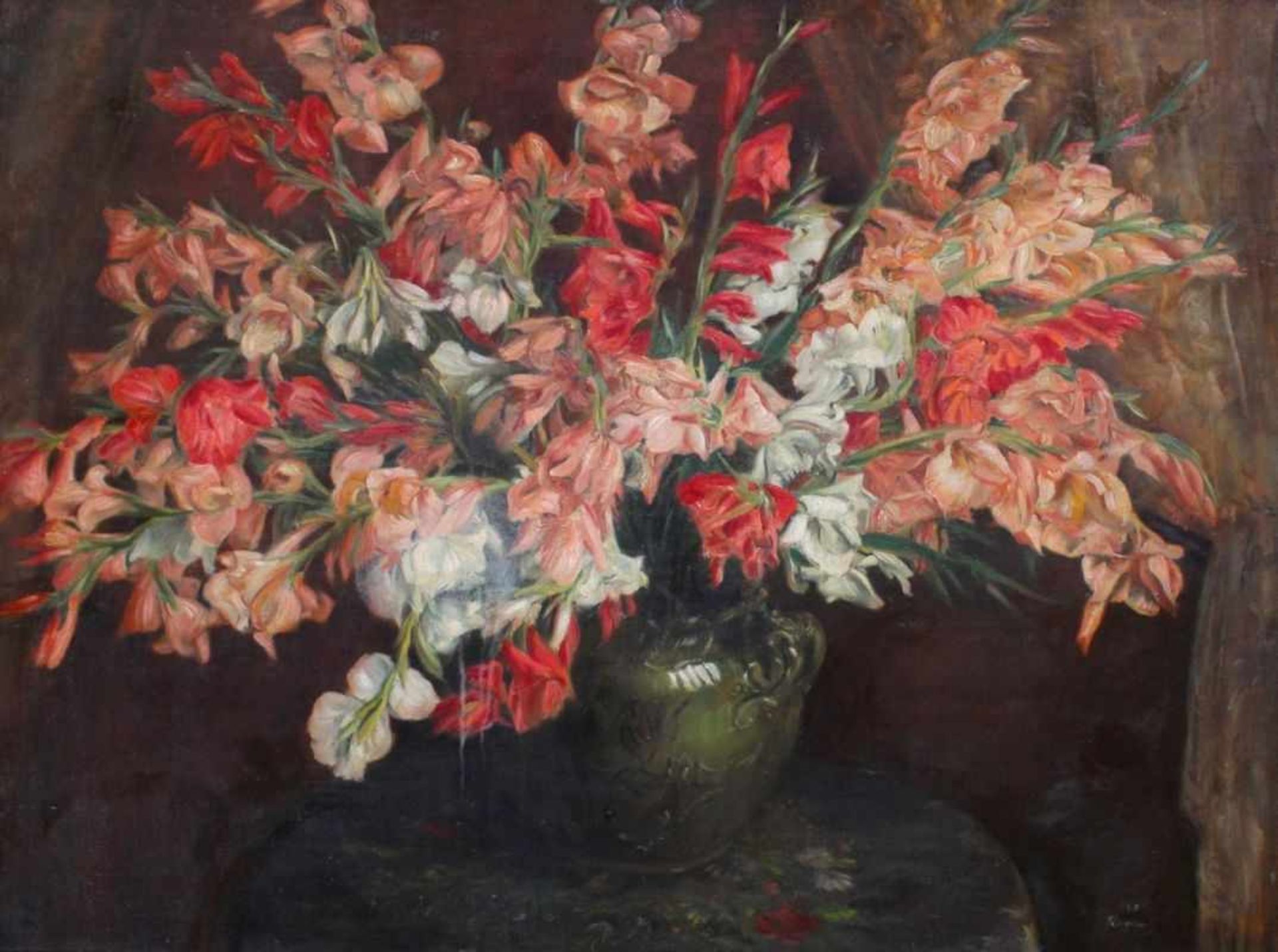 Großes Gemälde - XX.Jahrhundert "Stillleben mit Gladiolen", r.u. unleserlich signiert, datiert 1954,