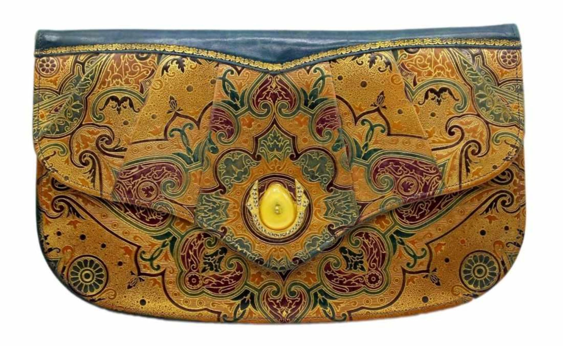 Vintage clutch bag im Art Deco Stil, Leder mit goldener Prägung, Verschluß verziert mit