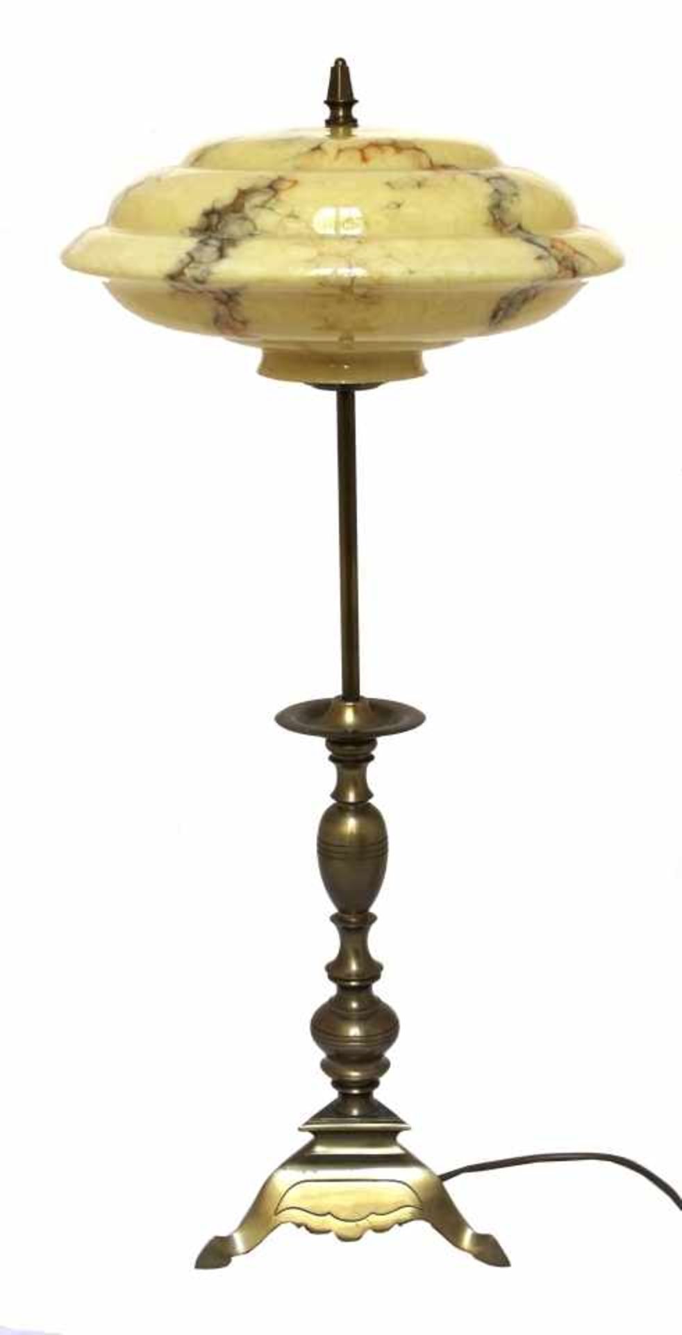 Stehlampe - 20.Jahrhundert Bronzefuß (ehem. Kerzenleuchter), mehrfach gedrückter Glasschirm,