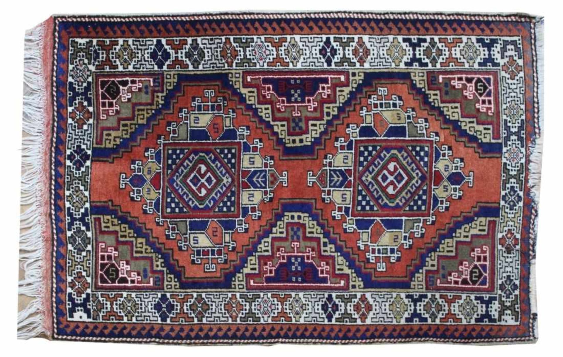 Orientteppich - Anatolien 20.Jahrhundert Brücke, rost/rot/blau, geometrisches Dekor, Maße ca. 139x98