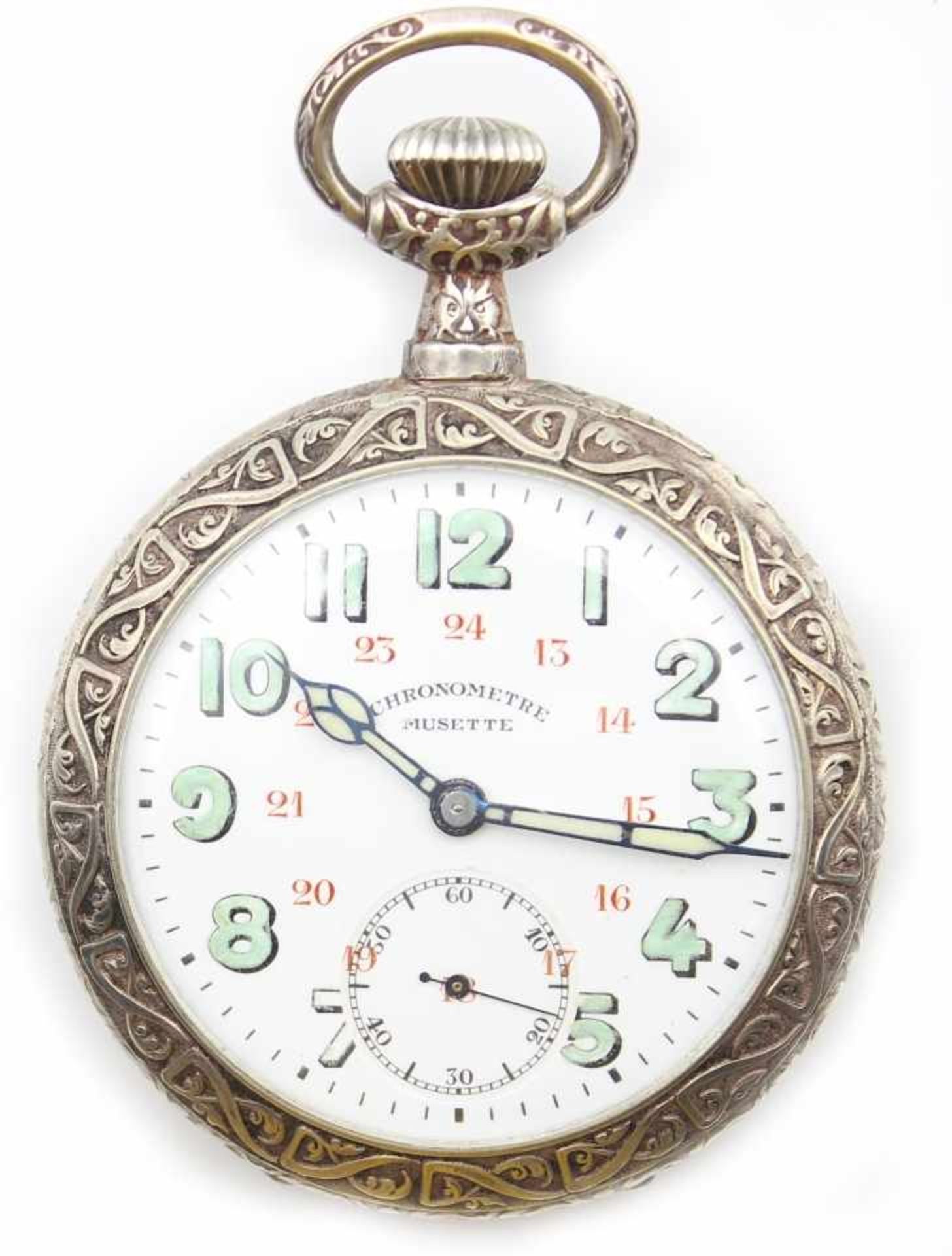Offene silberne Herrentaschenuhr - Marke Chronometre Musette Emailzifferblatt mit arabischen