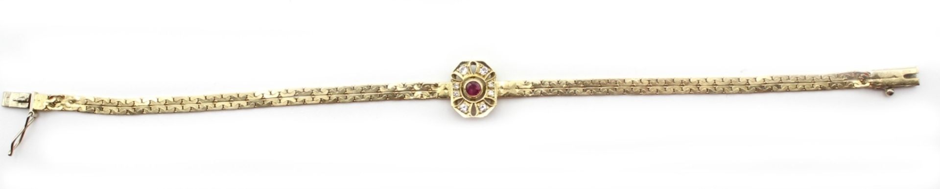 Zierliches goldenes Armband - Gelbgold gest. 585 Milaneseband verziert mit 8 kl. Brillanten und