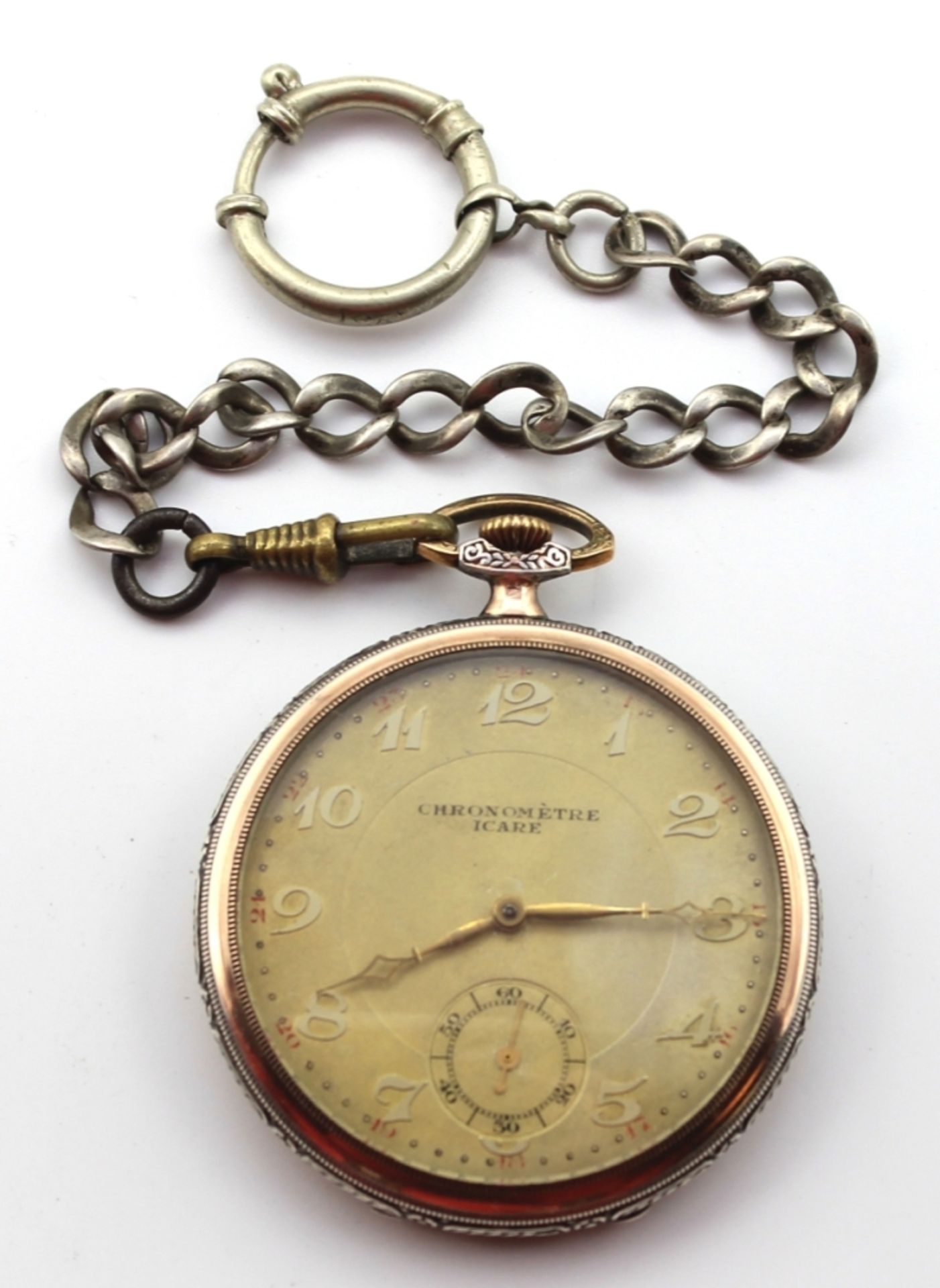 Flache offene Taschenuhr, Marke Chronometre Icare Silber gest. 800, Randvergoldung, goldfarbenes