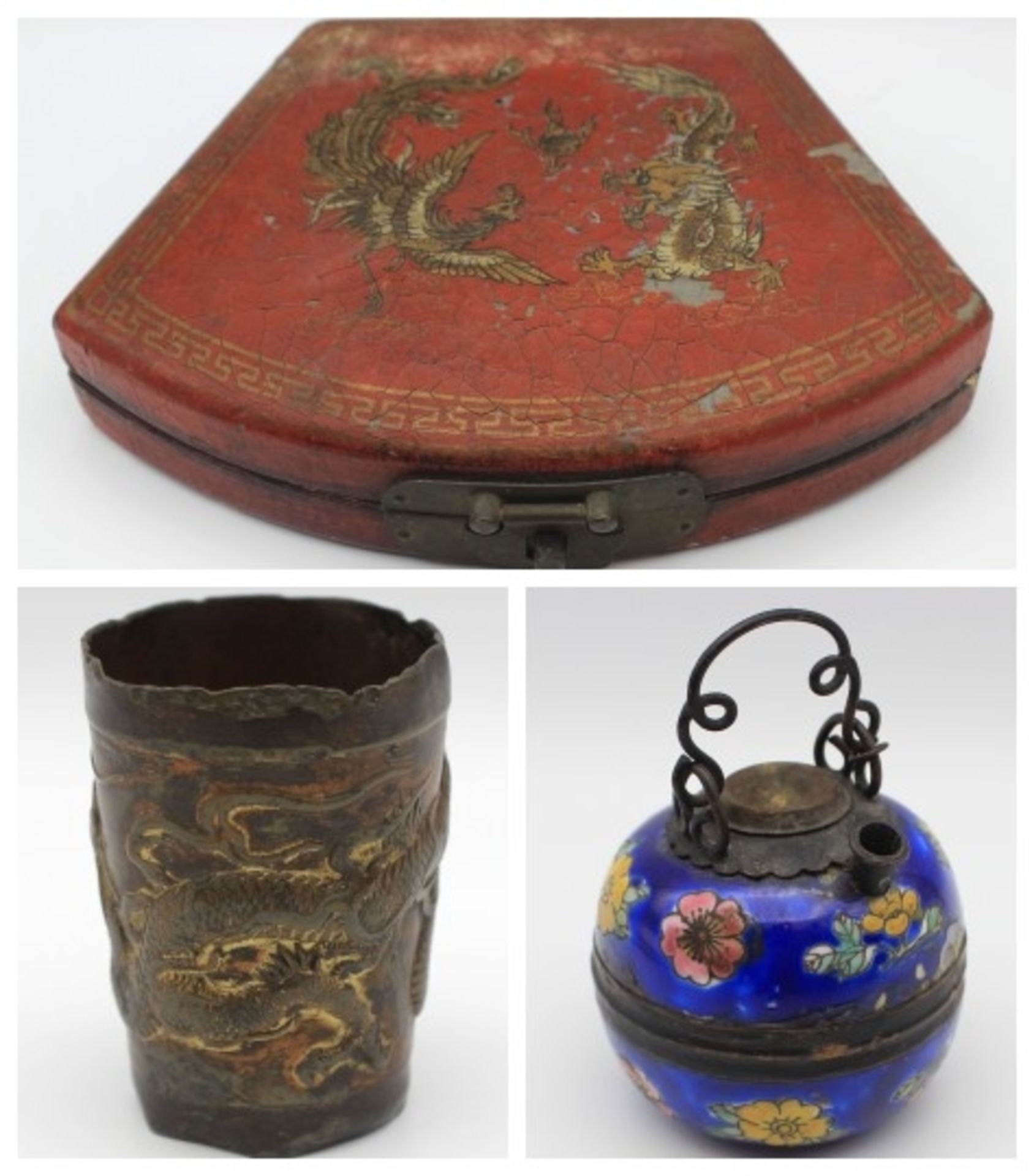 Lot China 1.Schatulle, rote Lackarbeit, bemalt mit Drachendekor, Altersspuren, Maße ca. 20,5x14,5 cm