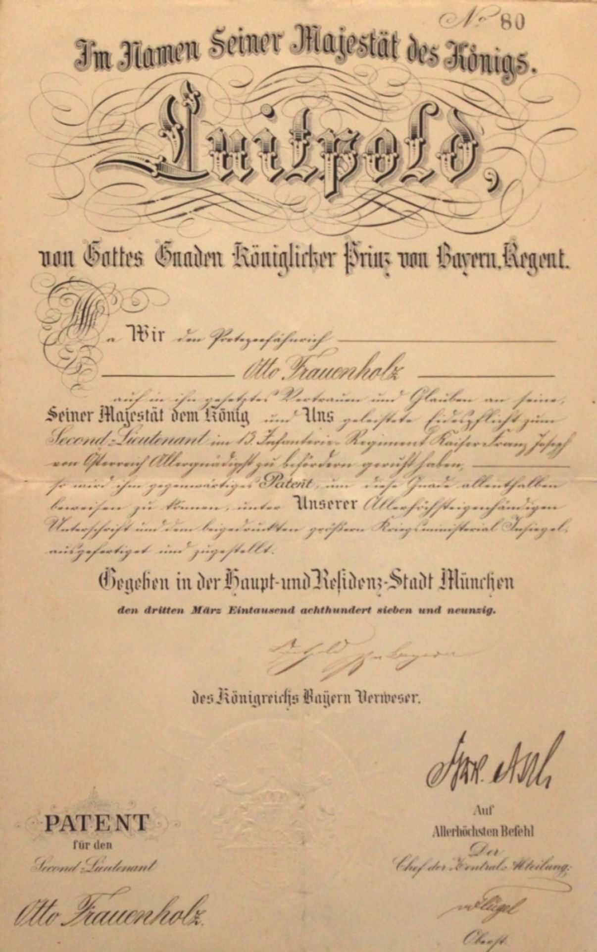 Autograph - Prinzregent Luitpold von Bayern (1821 Würzburg - 1912 München) München 3.März 1897,