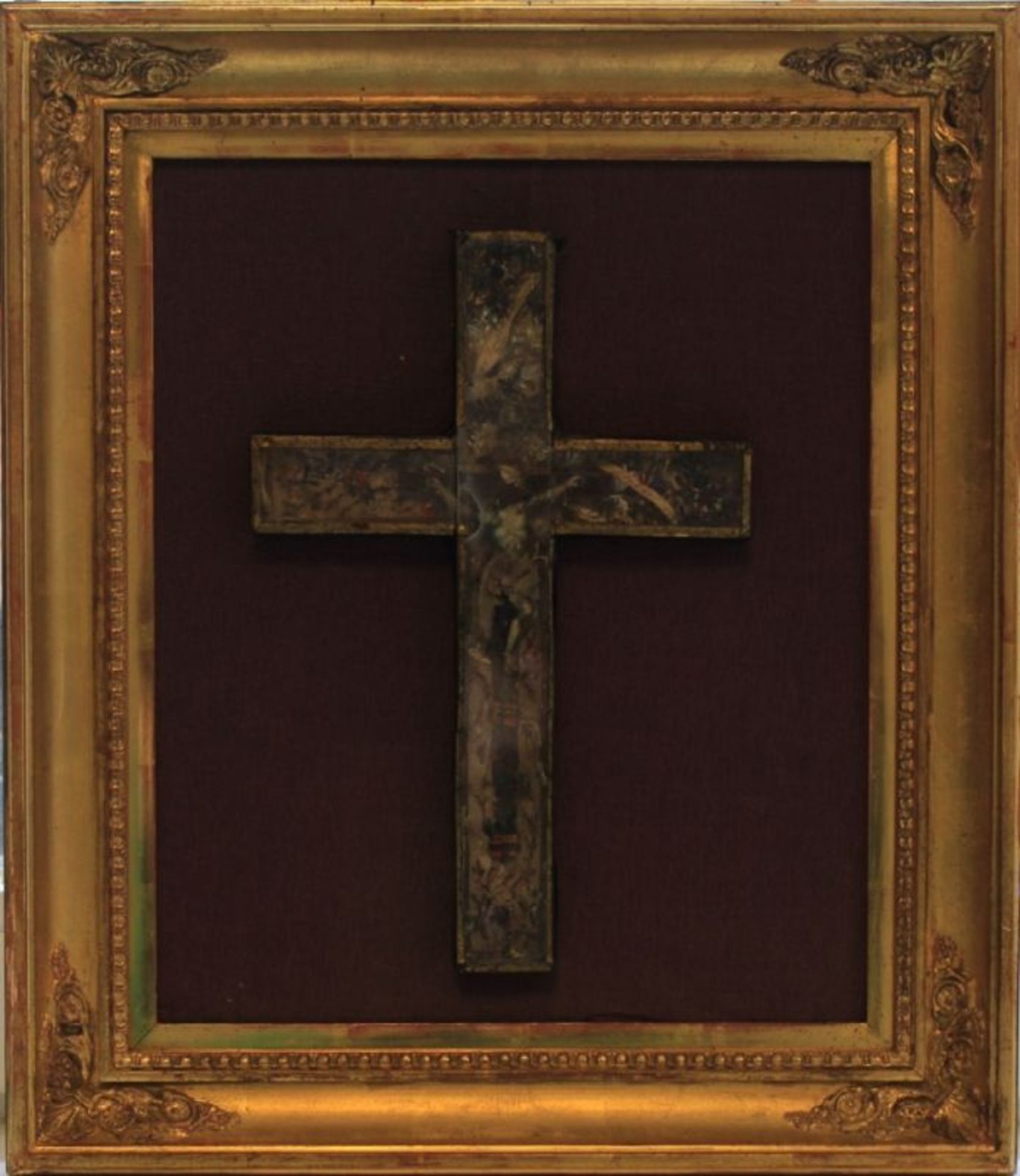 Klosterarbeit - wohl alpenländisch Ende 19.Jahrhundert Kreuz, Stich mit floralem Gespinst,